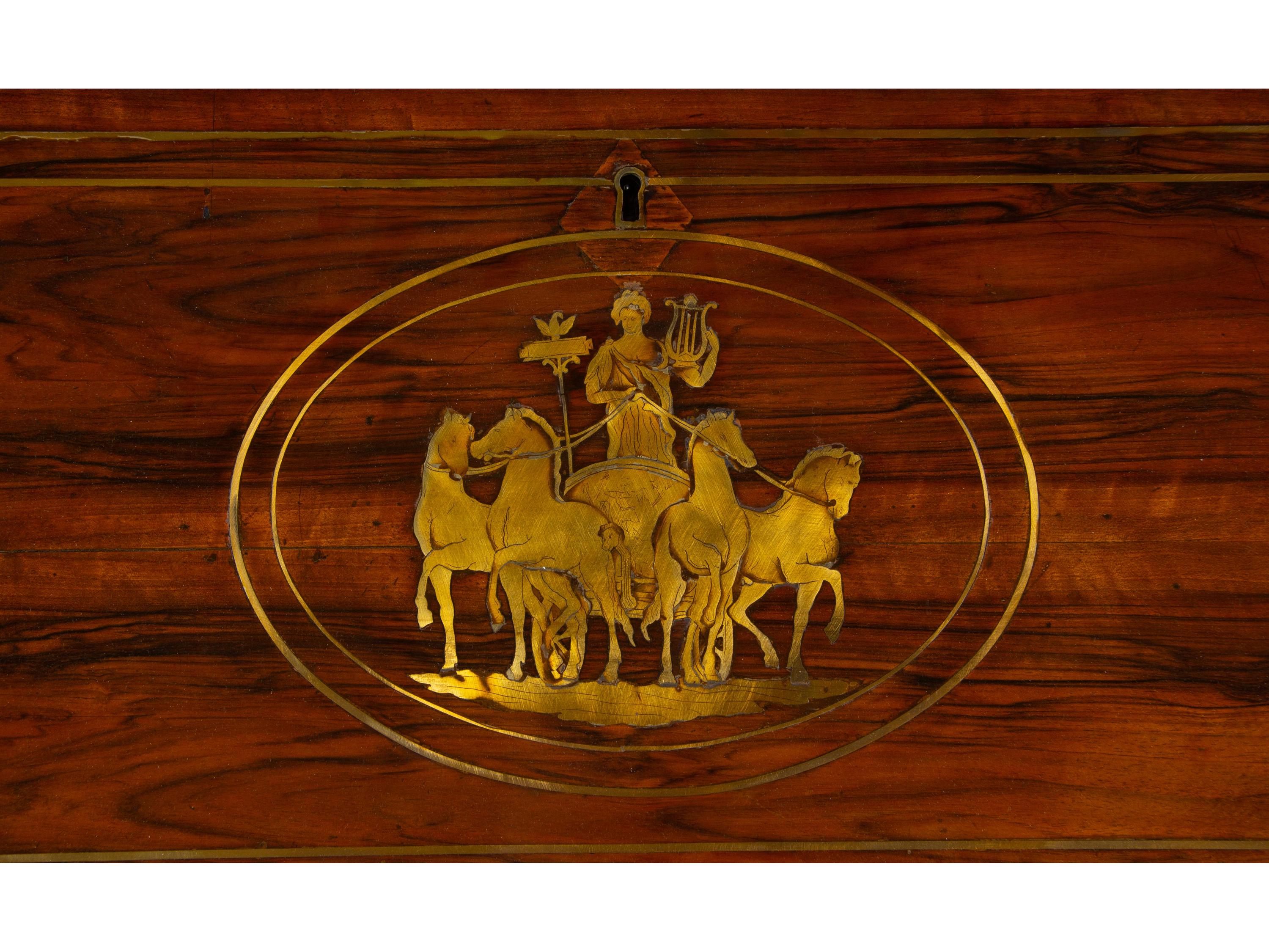 A Swiss Neoclassical Brass Inlaid Walnut Slant-Front Desk