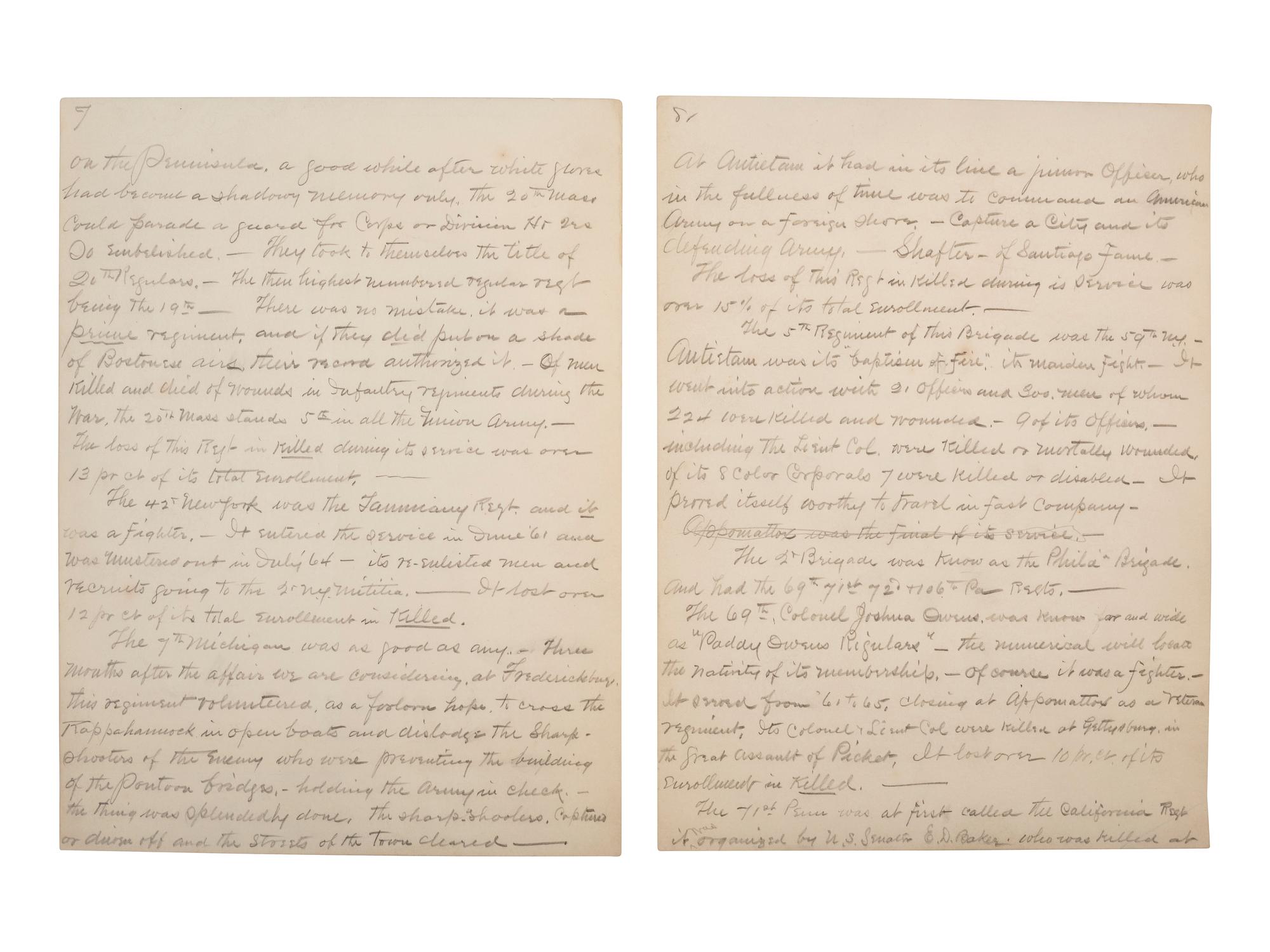 [CIVIL WAR]. 24pp speech written post-war by 2nd NY State Militia veteran, regarding Antietam.