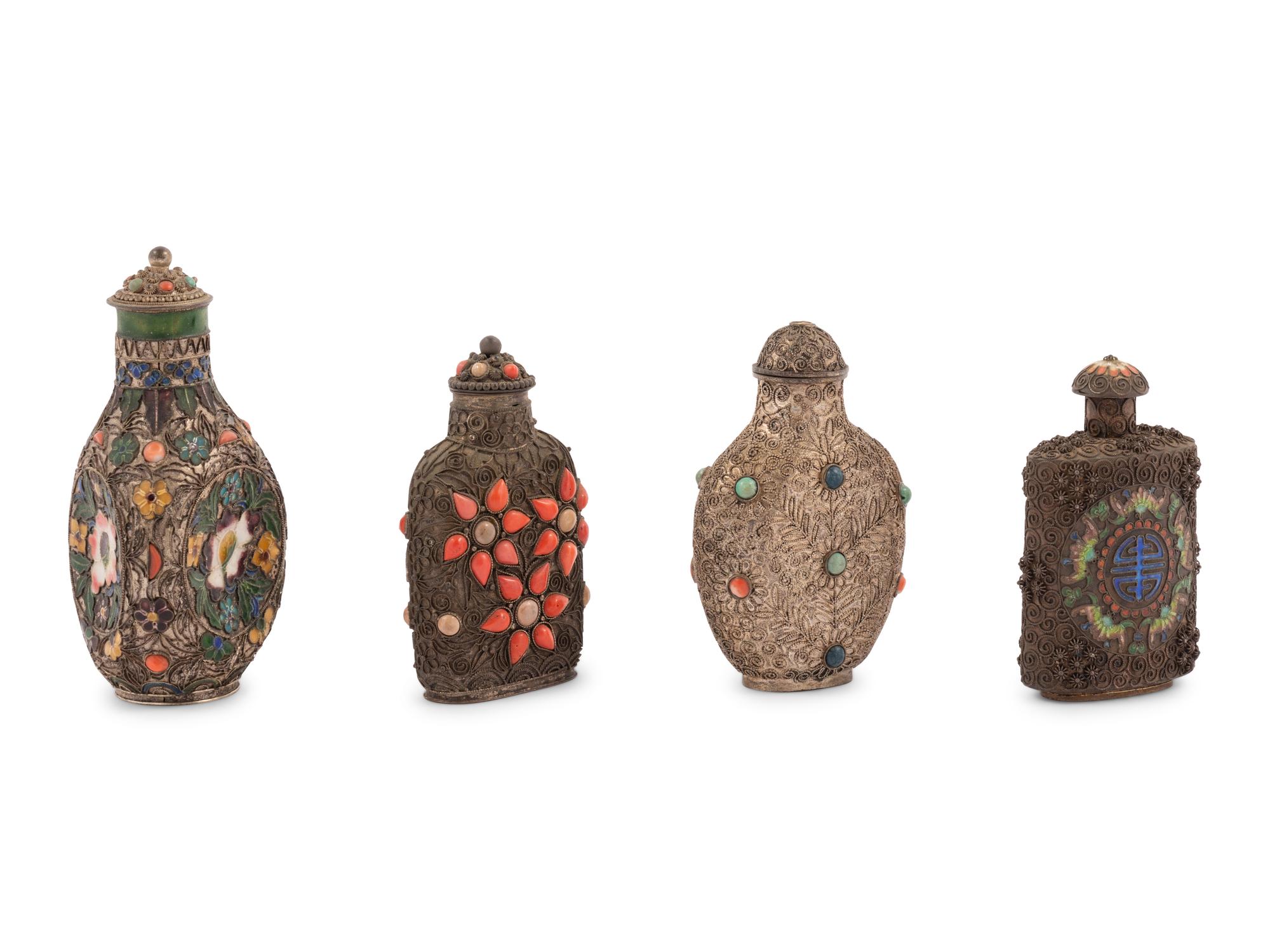 Four Chinese Silvered Metal Snuff Bottles