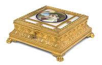 A French Gilt Bronze, Enamel and Mother-of-Pearl Mounted Table Casket, Width 8 1/8 inches.