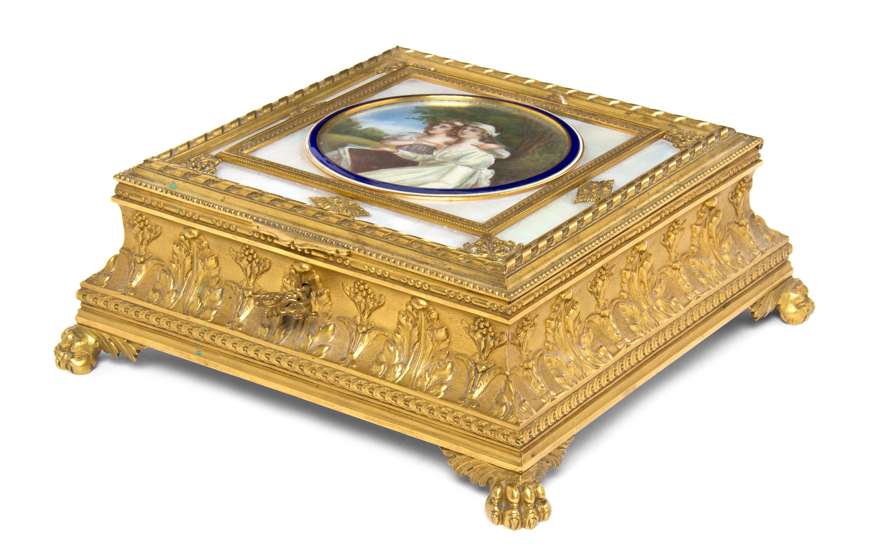 A French Gilt Bronze, Enamel and Mother-of-Pearl Mounted Table Casket, Width 8 1/8 inches.