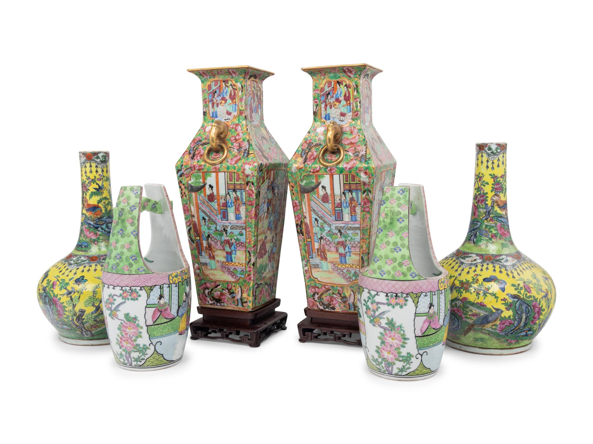 Three Pairs of Chinese and Japanese Famille Rose Porcelain Vases
