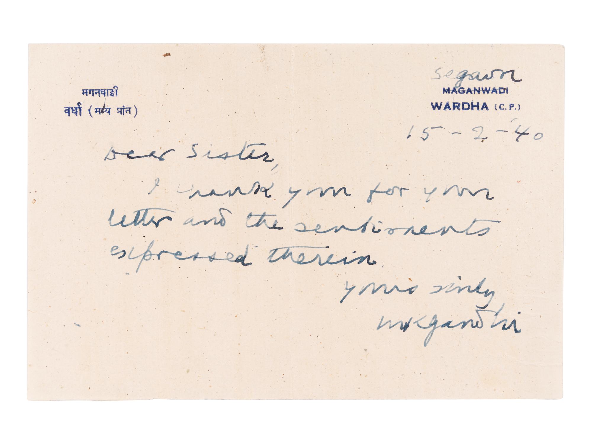 GANDHI, Mohandas K. (1869-1948). Autograph letter signed (“MK Gandhi”), to Mrs. McMillan Seely. Segaon, 15 February 1940.
