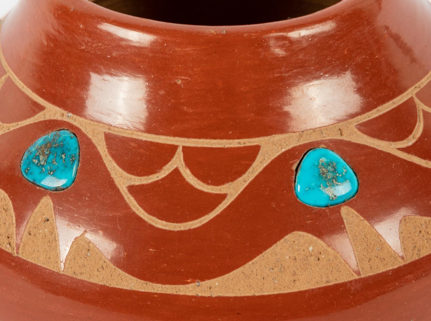 Redware Pottery Jar with Turquoise Cabochons