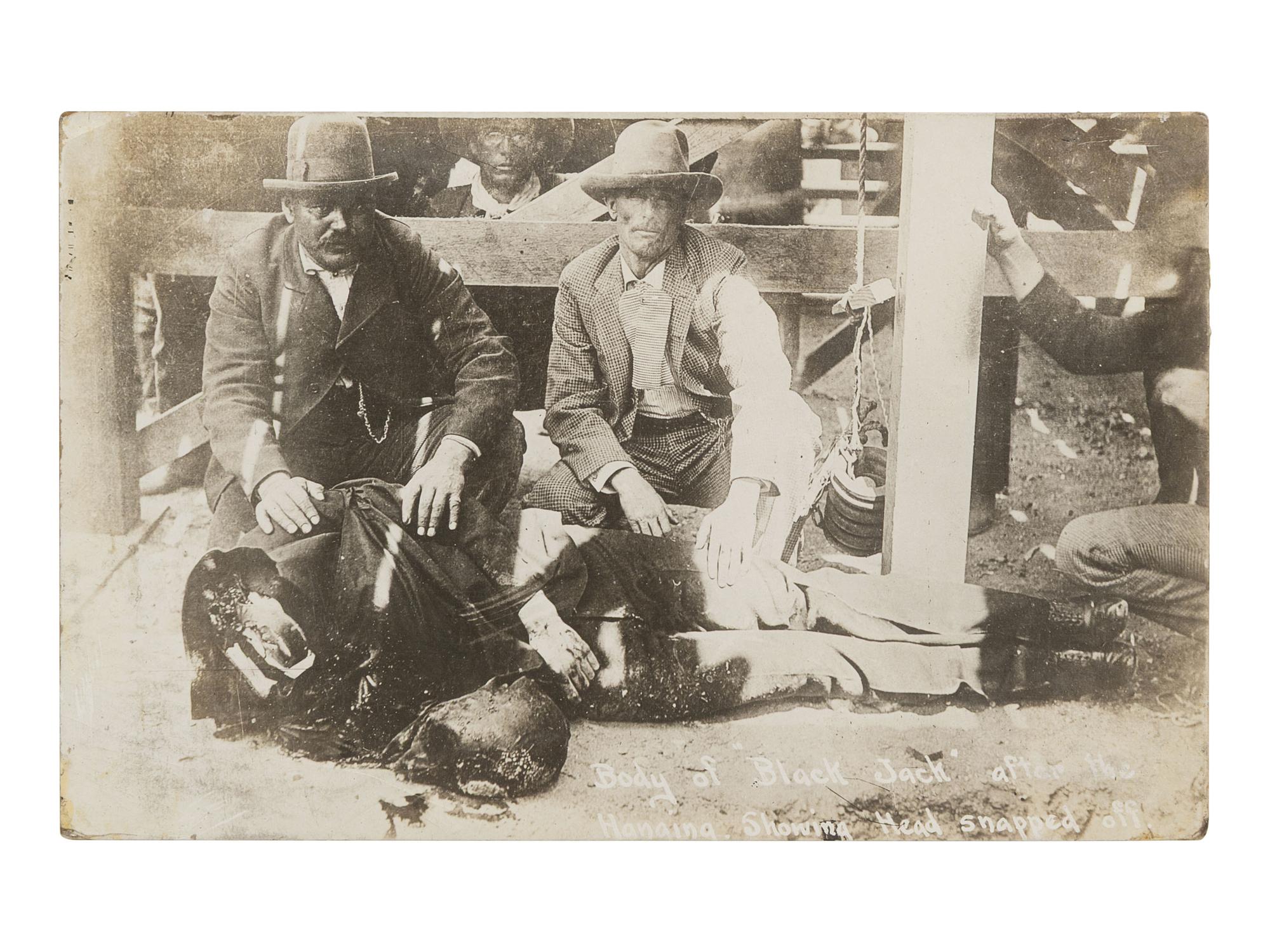 [OUTLAWS] 2 real photo postcards showing the hanging of Thomas E. "Black Jack" Ketchum [April 1901].