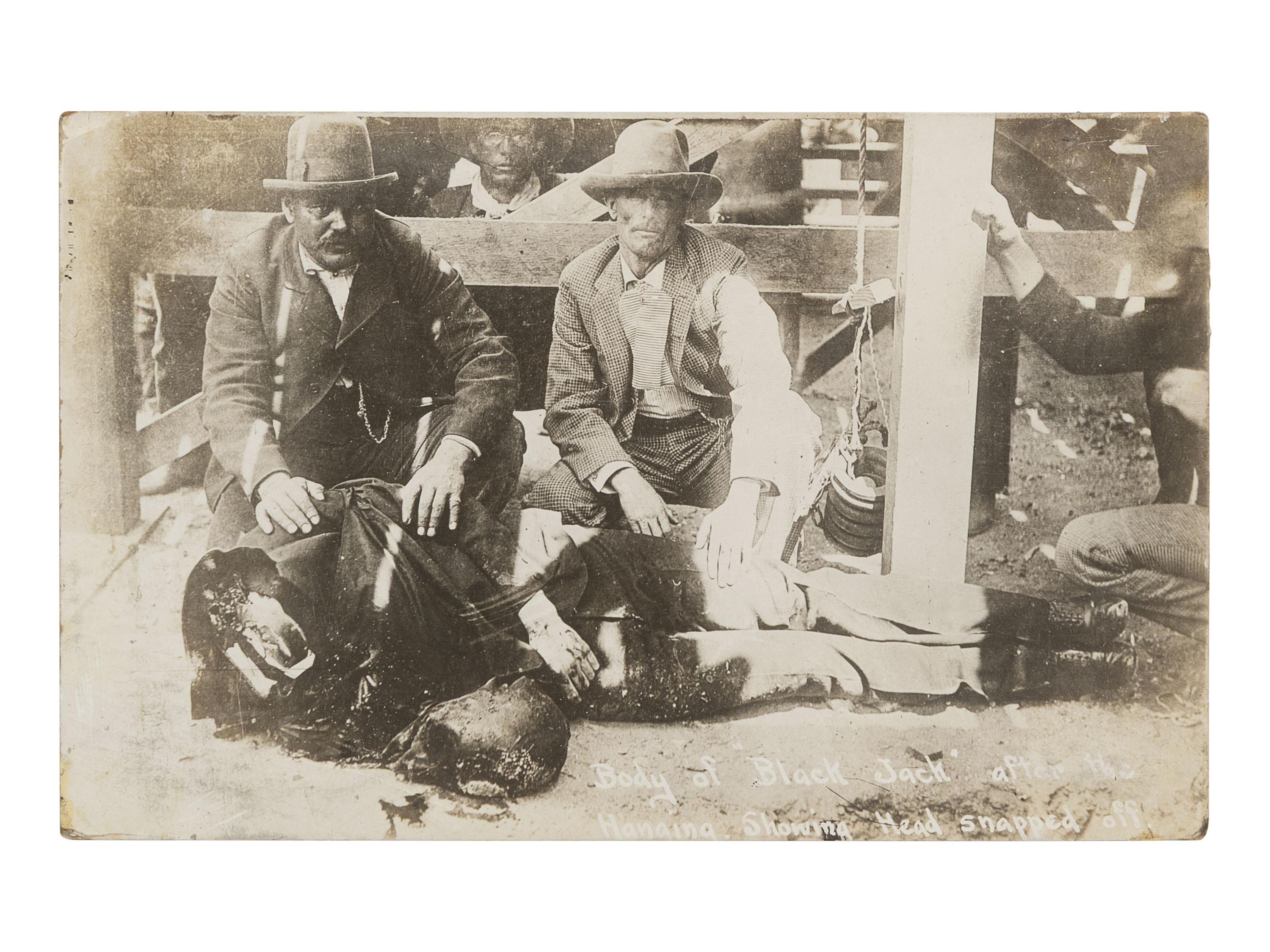 [OUTLAWS] 2 real photo postcards showing the hanging of Thomas E. "Black Jack" Ketchum [April 1901].