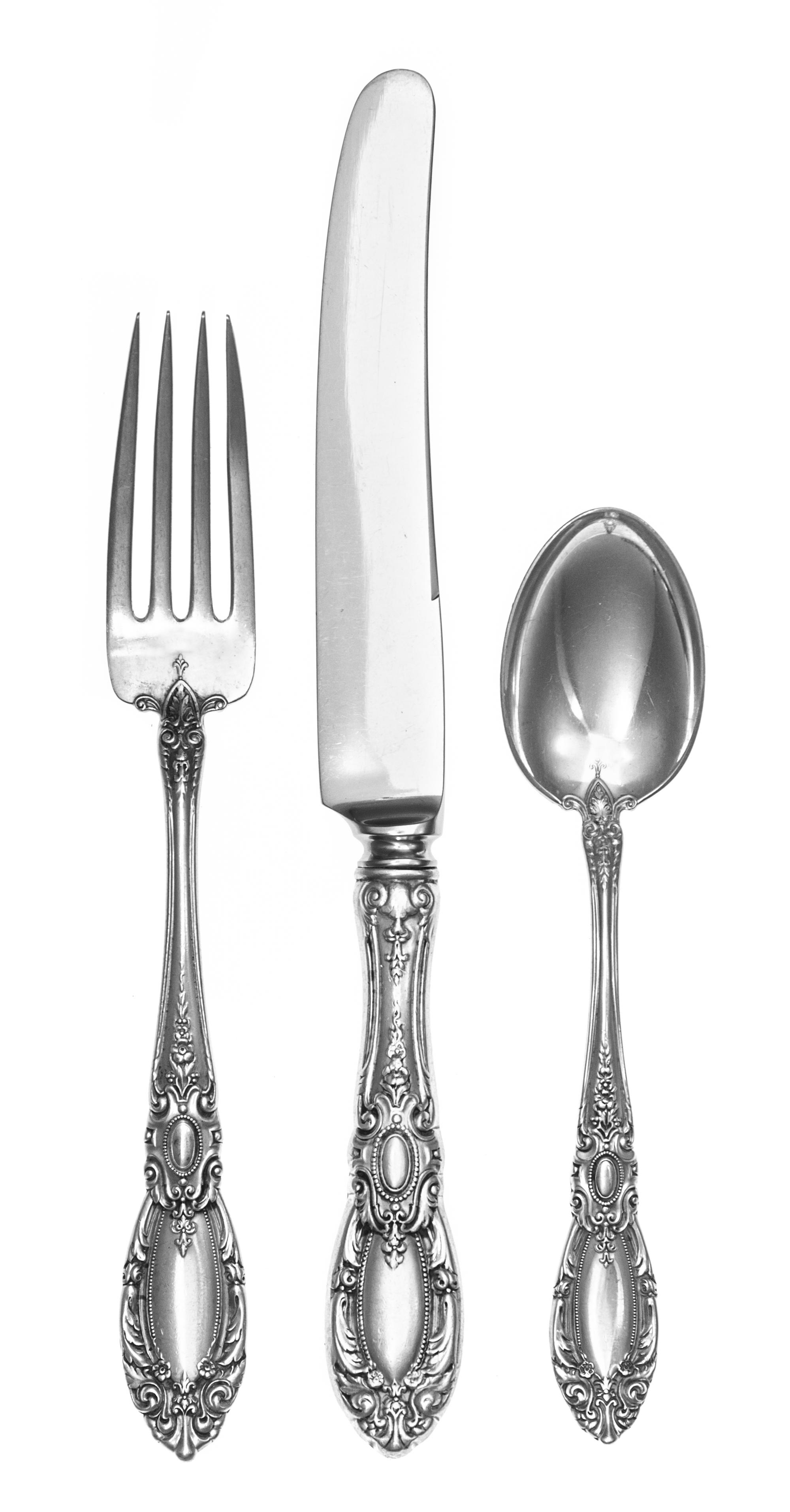 An American Silver Flatware Service, Towle Silversmiths, Newburyport, MA, King Richard pattern, comprising: 6 dinner knives 11 dinner f