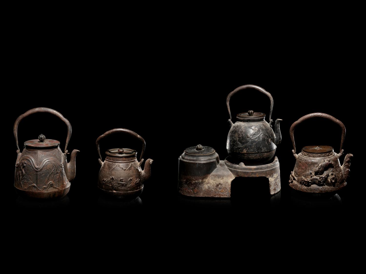 Four Japanese Cast Iron Teapots, Tetsubin