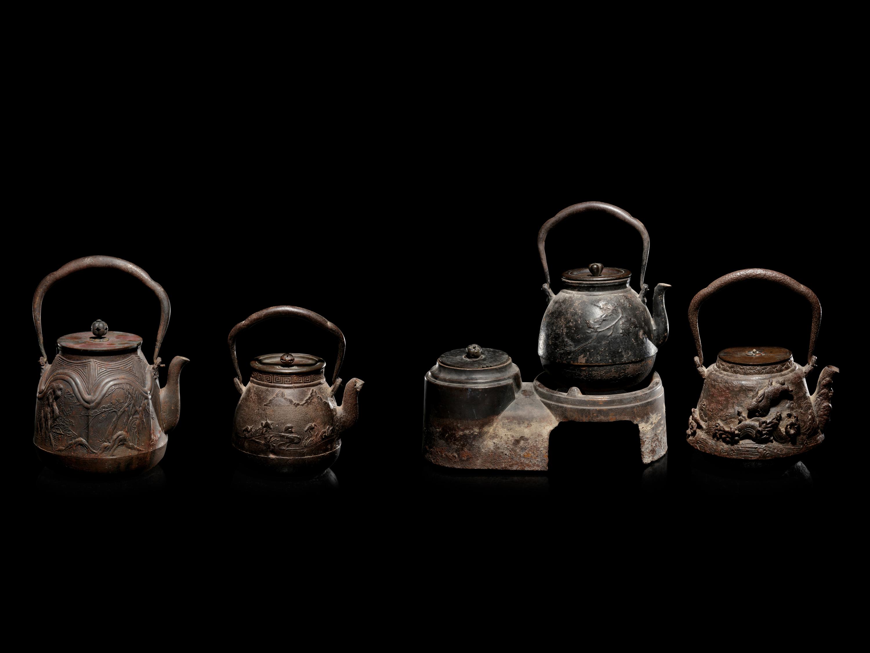 Four Japanese Cast Iron Teapots, Tetsubin