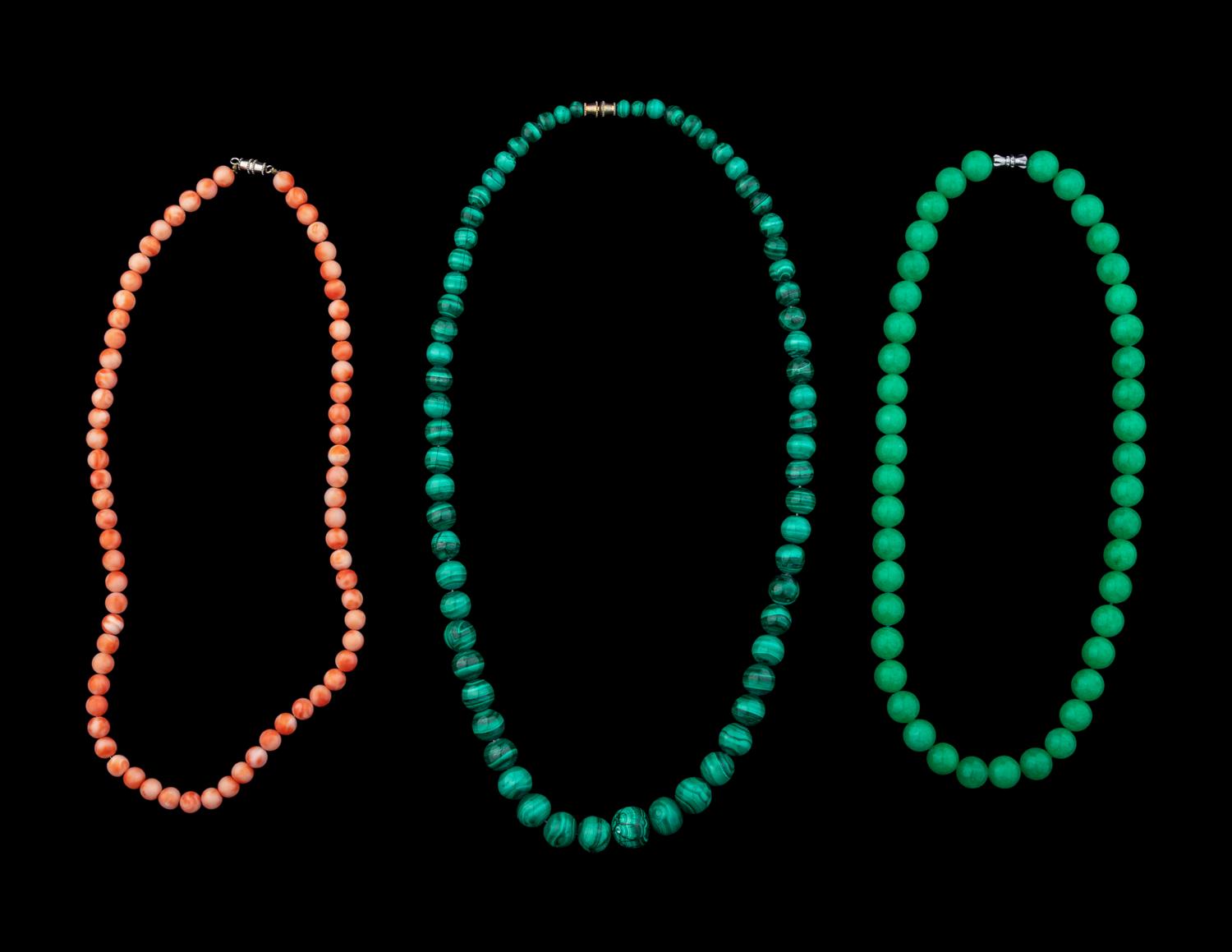 Three Chinese Jadeite and Hardstone Necklaces