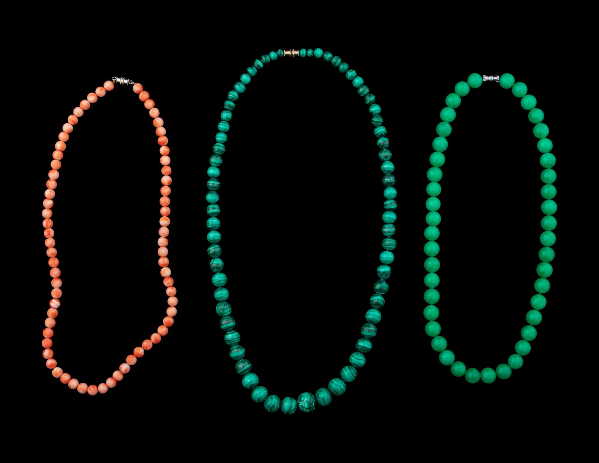 Three Chinese Jadeite and Hardstone Necklaces
