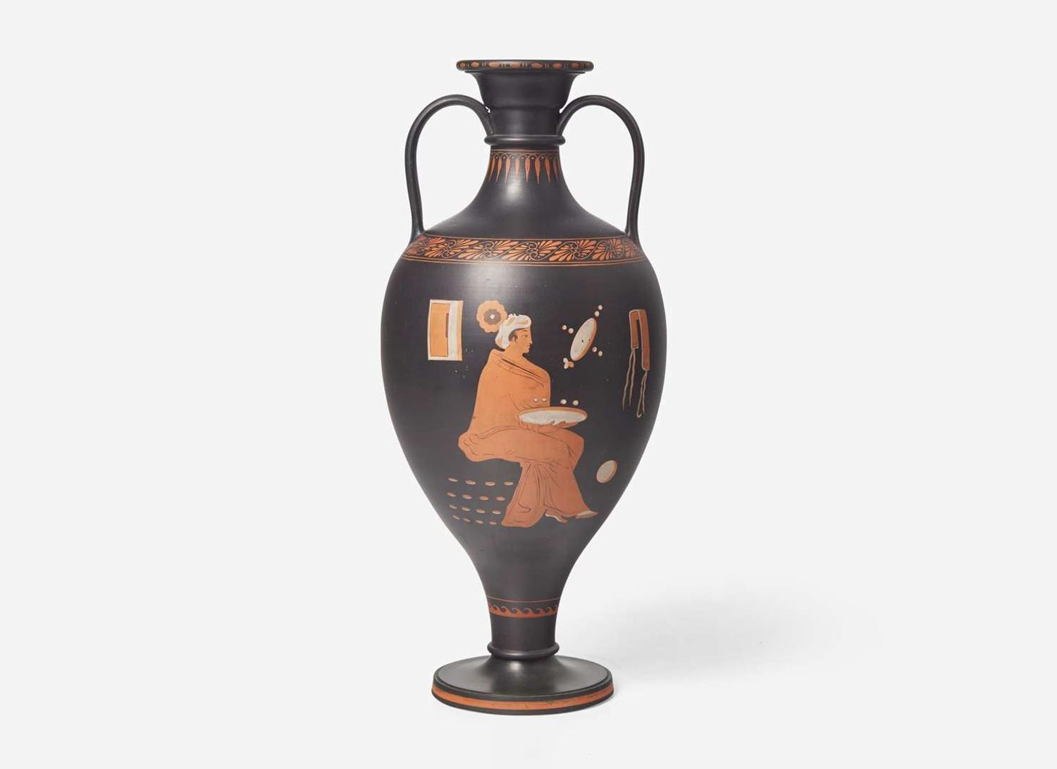A Large Wedgwood Encaustic Decorated Black Basalt Handled Vase, UK, circa 1800
