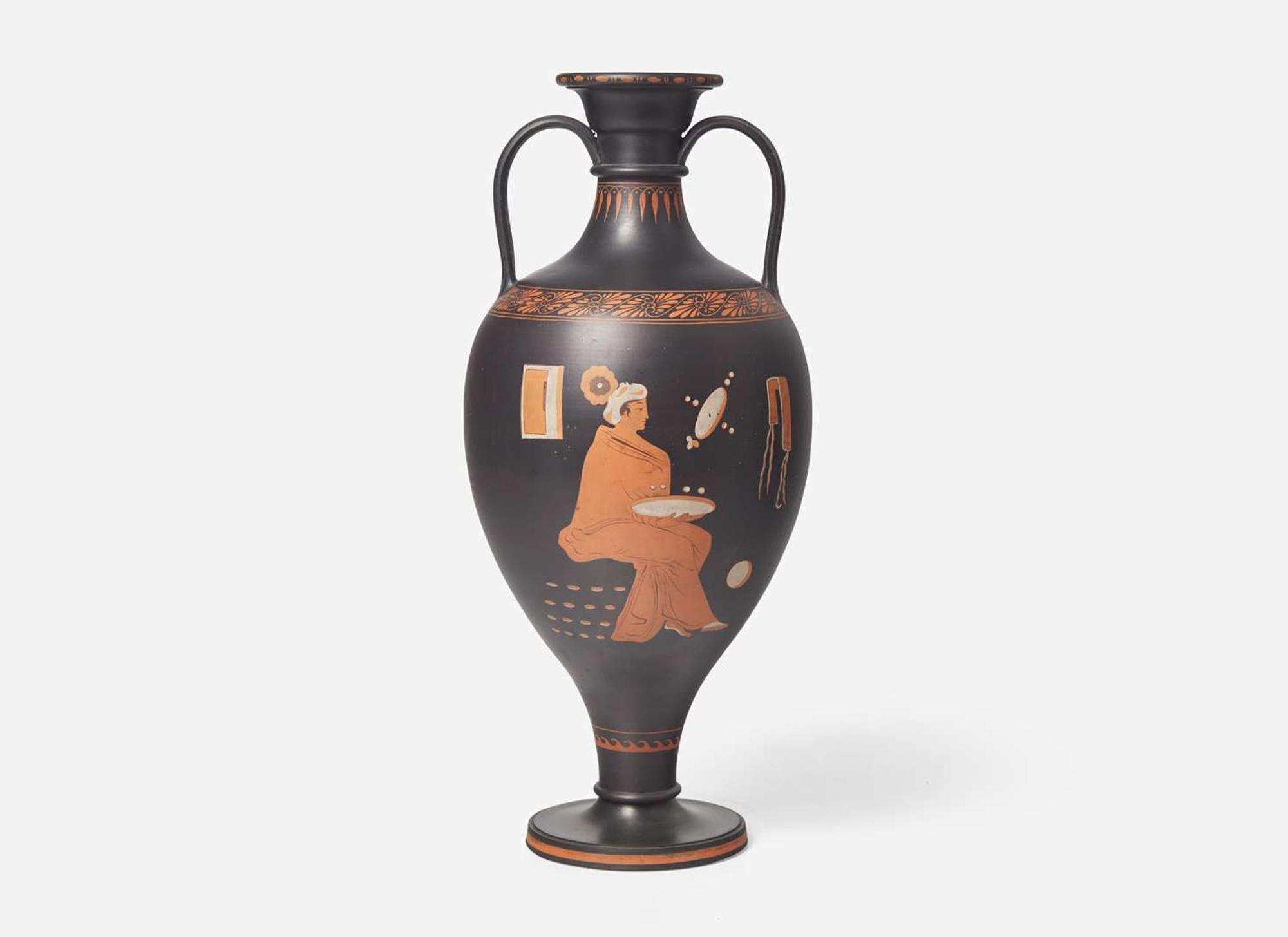 A Large Wedgwood Encaustic Decorated Black Basalt Handled Vase, UK, circa 1800
