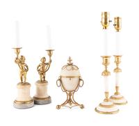 Four Gilt-Metal Mounted Candlesticks and an Opaline Glass Egg-Shaped Scent Casket