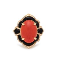 CORAL, ONYX AND DIAMOND RING