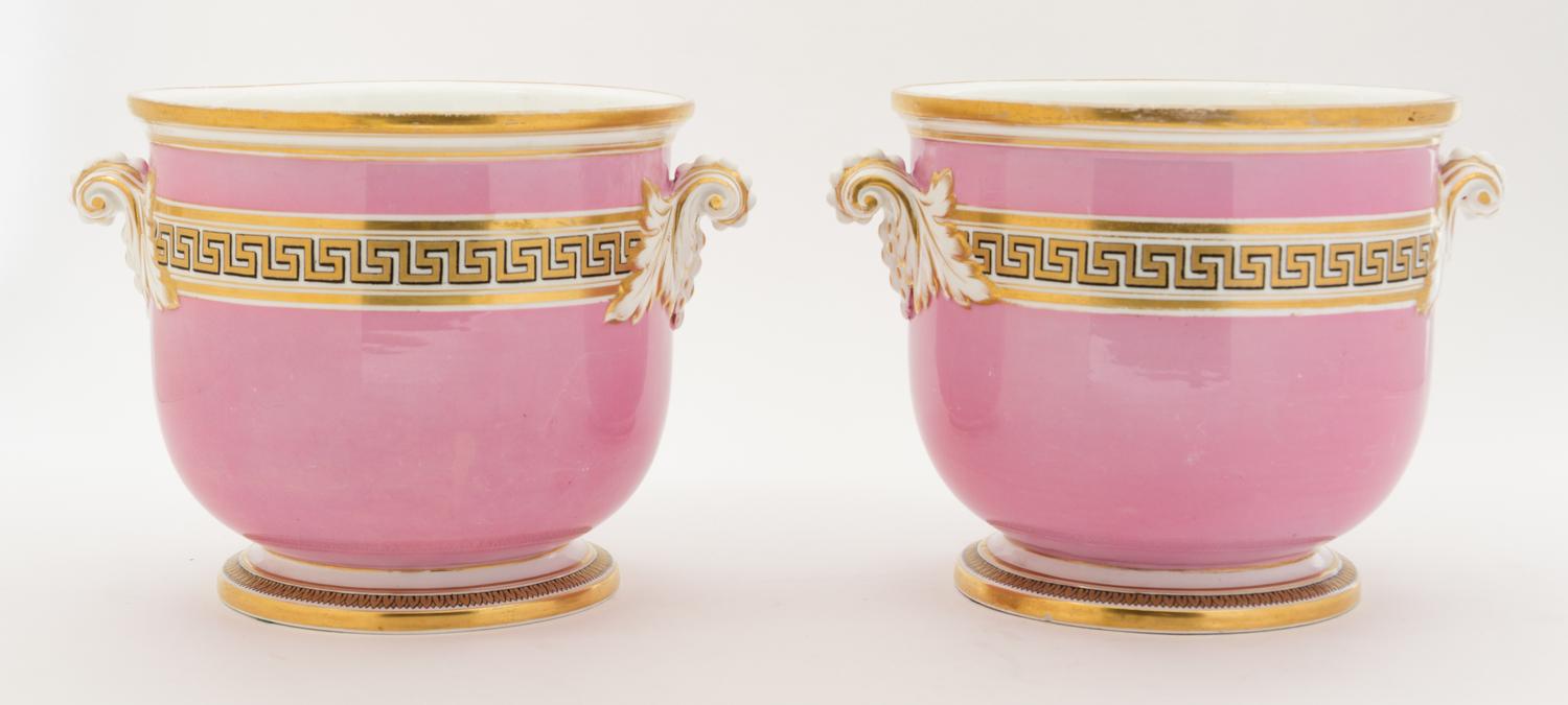 A Pair of Paris Porcelain Cache Pots Height 6 1/2 inches.
