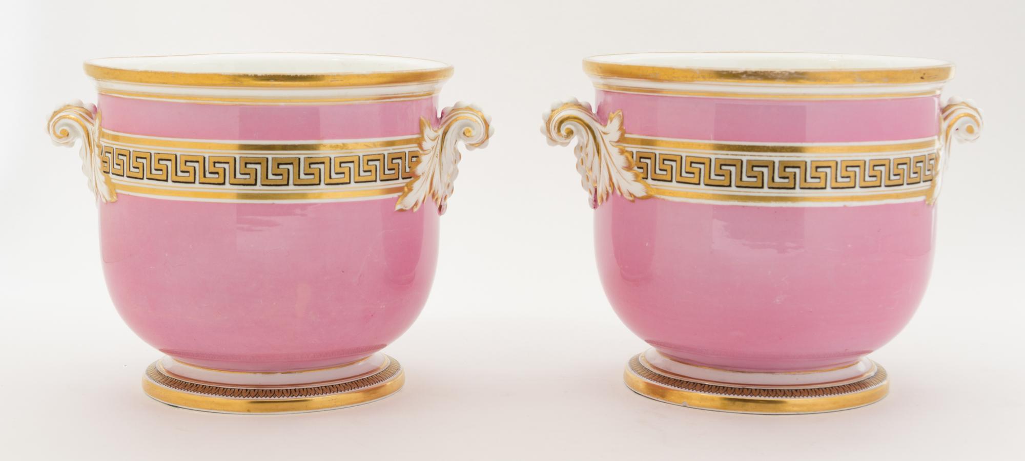 A Pair of Paris Porcelain Cache Pots Height 6 1/2 inches.