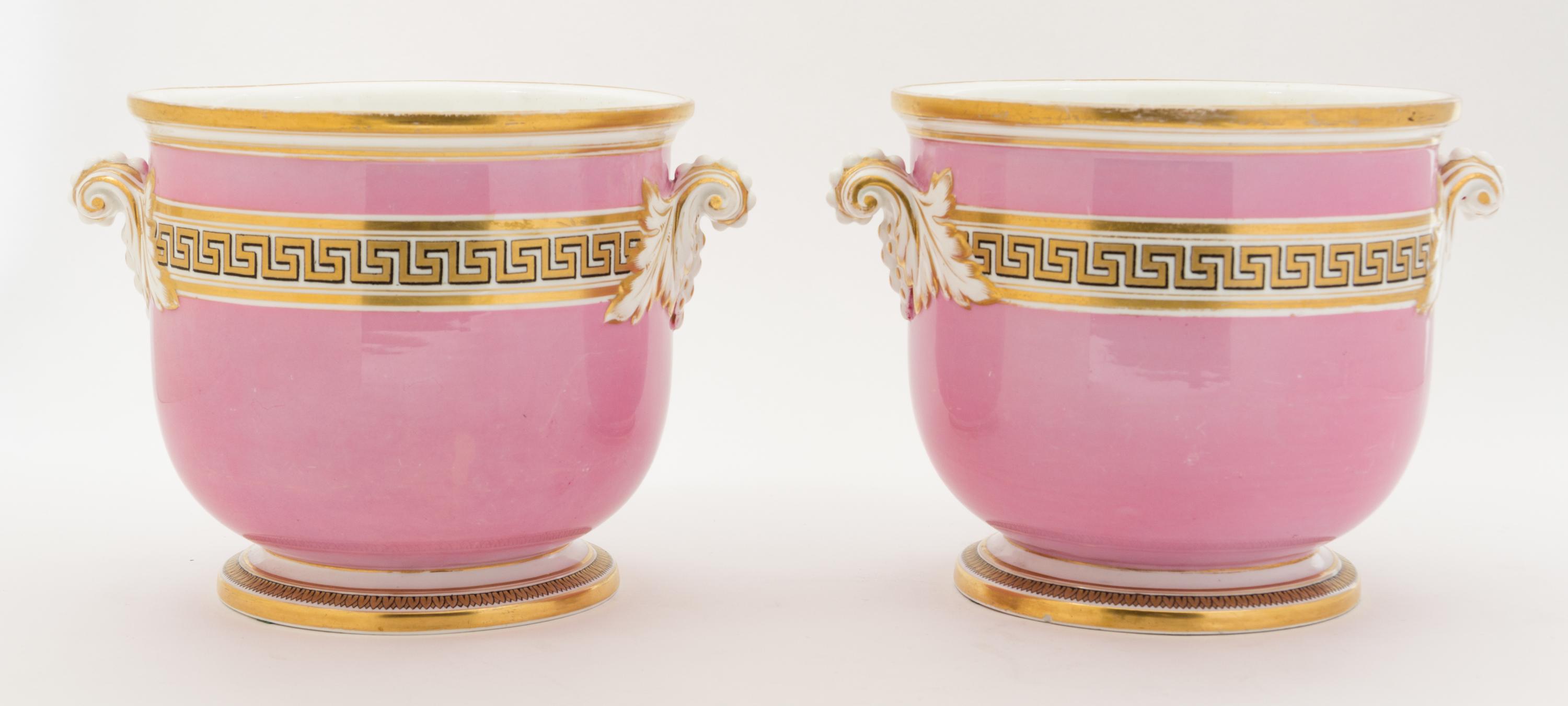 A Pair of Paris Porcelain Cache Pots Height 6 1/2 inches.