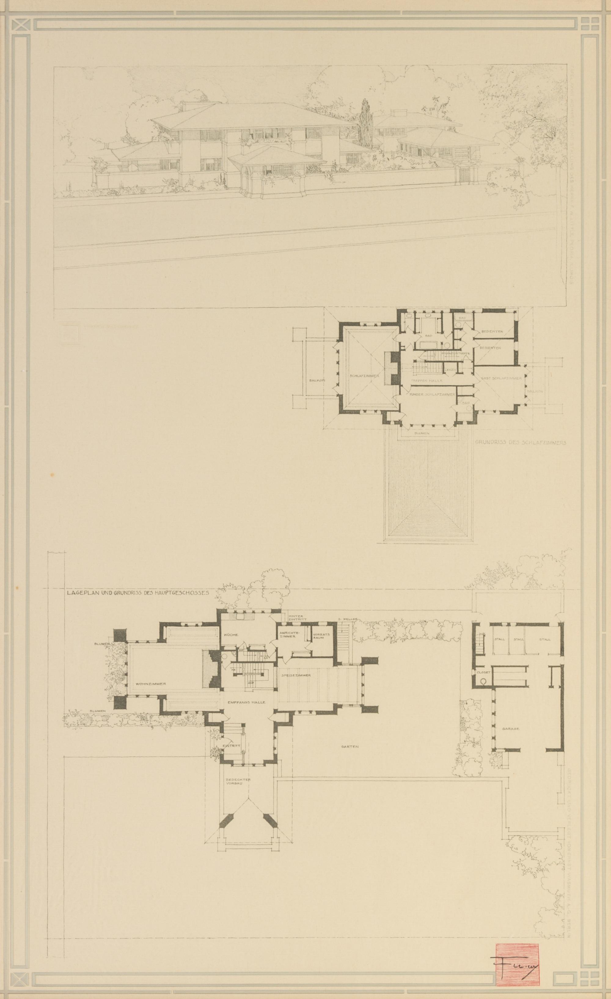 WRIGHT, FRANK LLOYD. Tafel XXVIII... Blueprint litho. from the Wasmuth portfolio, 1910. Framed.