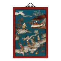 A Pair of Chinese Jade and Hardstone Inlaid and Cinnabar Lacquered Hanging Screens, 20th Century 近代 剔紅框藍地嵌寶童子圖挂屏一對