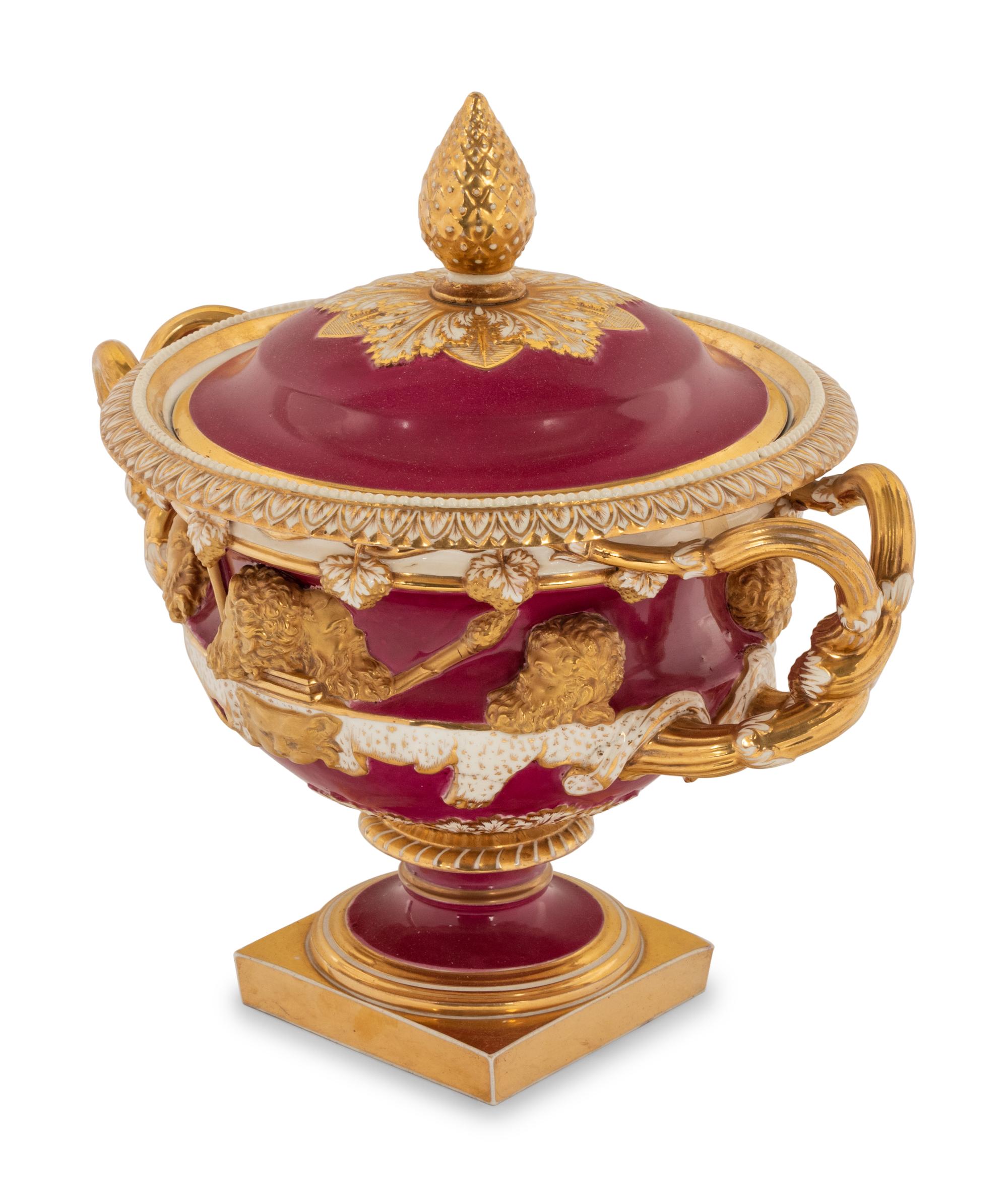 An English Porcelain Tureen and Cover Modeled After the Warwick Vase