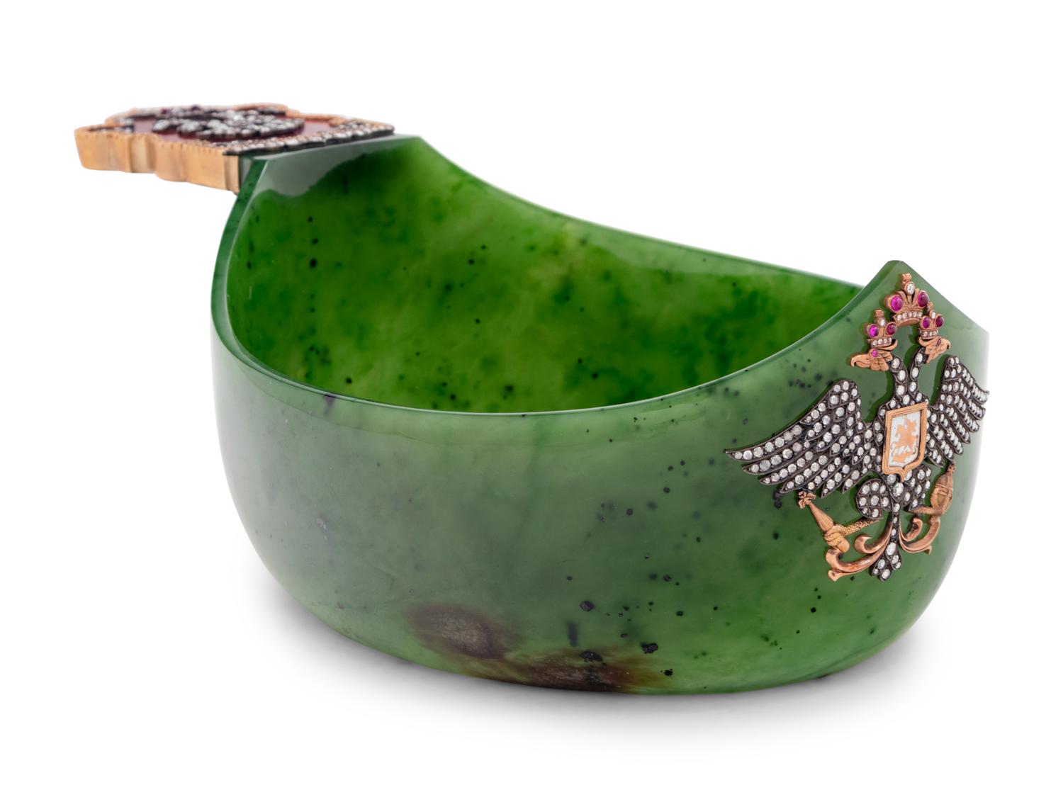 A Russian 14-Karat Gold, Enamel and Diamond Mounted Jade Kovsh