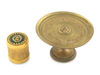 A French Gilt Bronze and Enamel Box and a Brass Tazza
