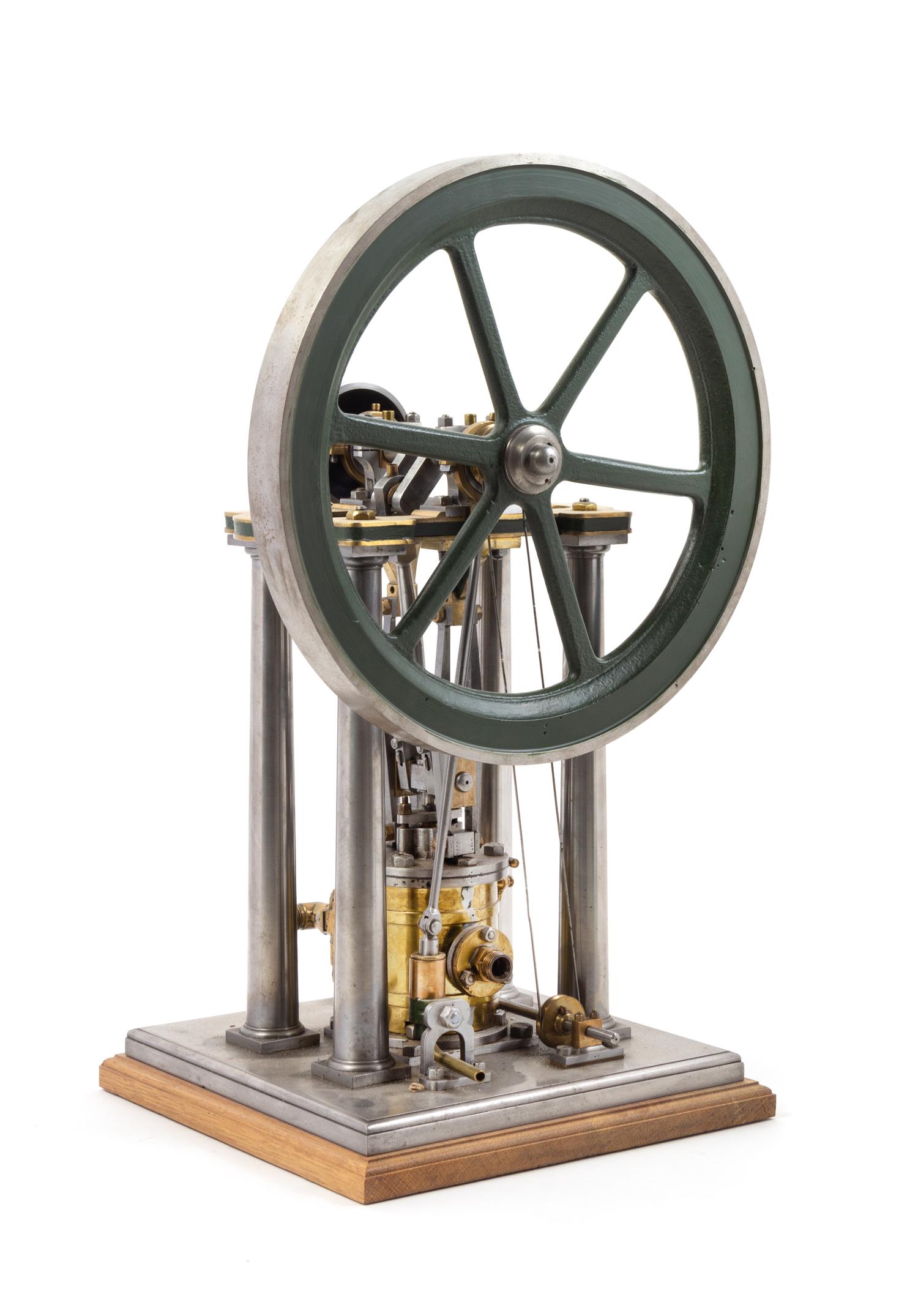 A Painted Metal Steam Engine and Flywheel Scale Model