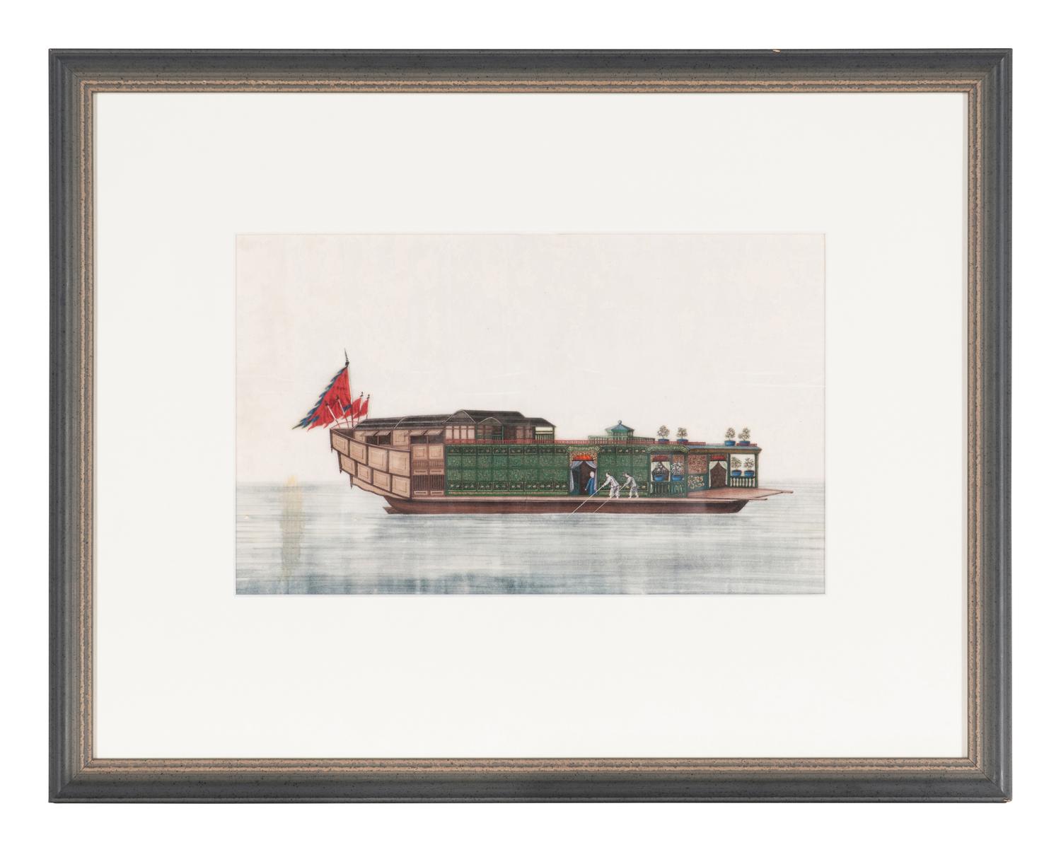 A Set of Eight Chinese Export Pith Paintings, Late Qing Dynasty 清晚期 通草畫船隻圖鏡框八幅