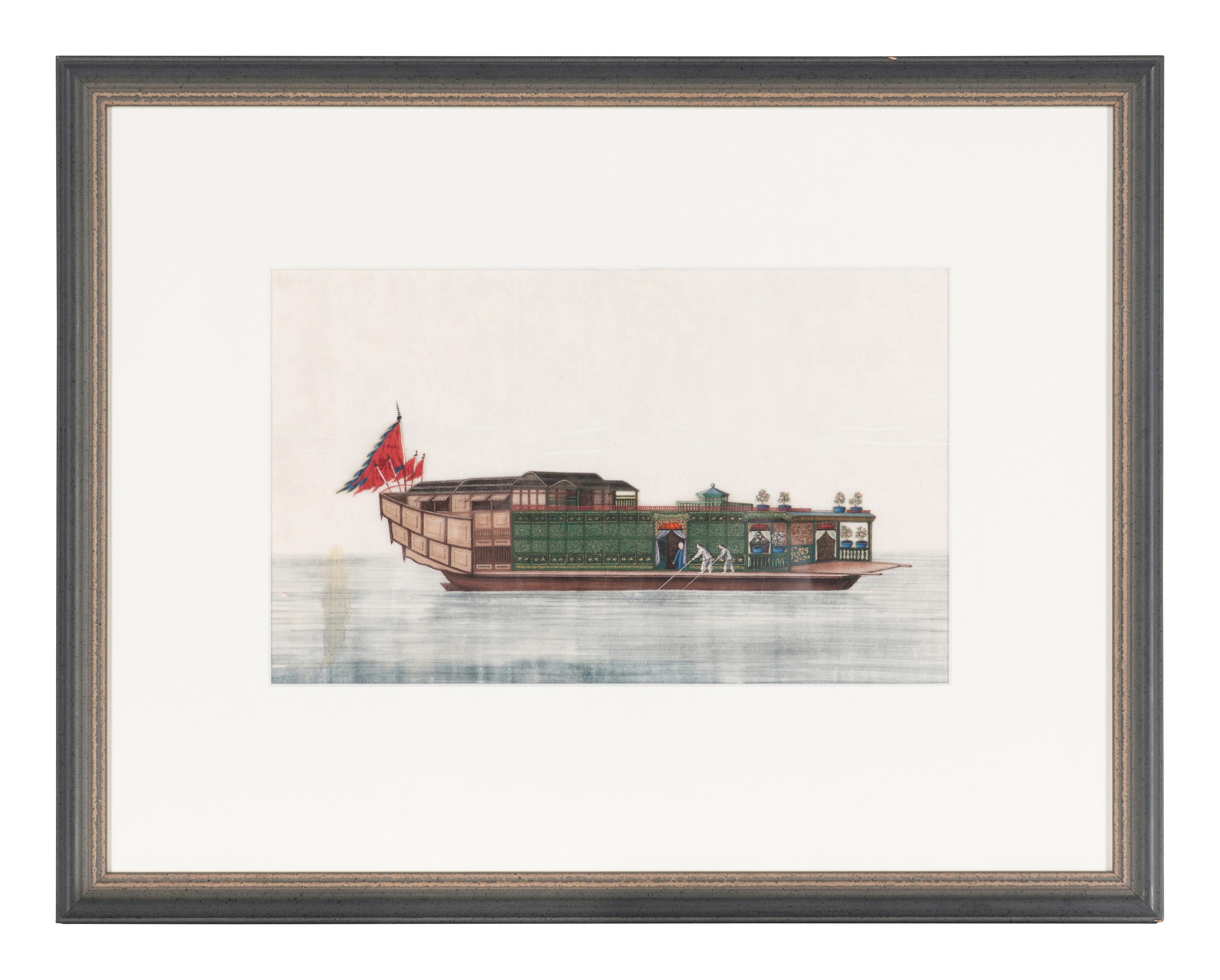 A Set of Eight Chinese Export Pith Paintings, Late Qing Dynasty 清晚期 通草畫船隻圖鏡框八幅