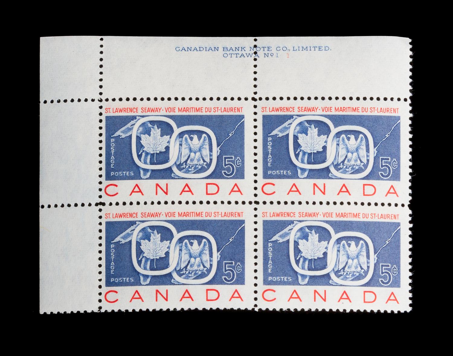 A Group of Four Canada 1959 St. Lawrence Seaway Imprint Block of Four Stamps