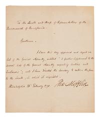 MIFFLIN, Thomas (1744-1800), signer of the Constitution. Manuscript document signed ("Tho Mifflin"), as Governor of Pennsylvania, to the Senate and House of Representatives of the Commonwealth of Pennsylvania. Philadelphia, 26 February 1791.