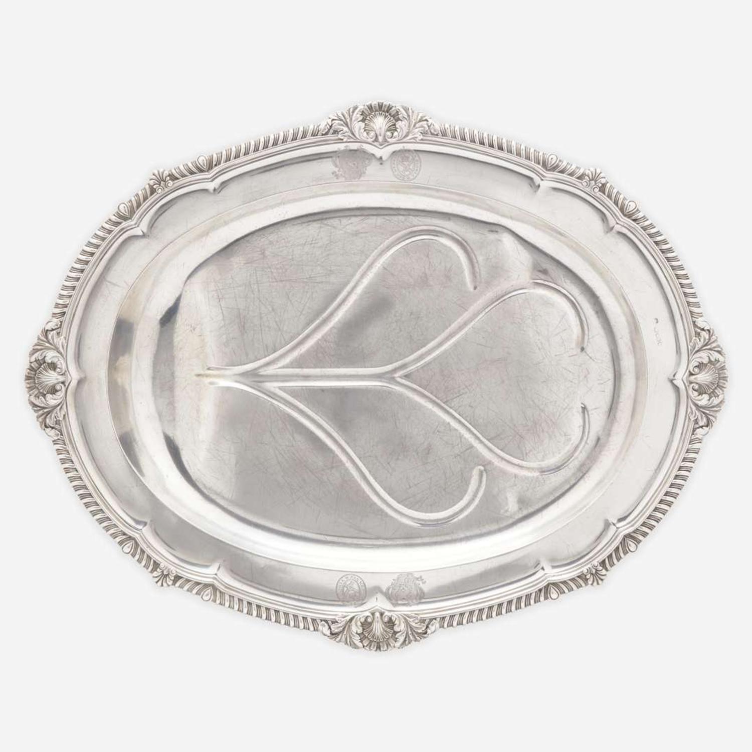 A large George III sterling silver meat tray Partially rubbed maker's mark, likely Joseph Craddock & William Ker Reid, London, 1818