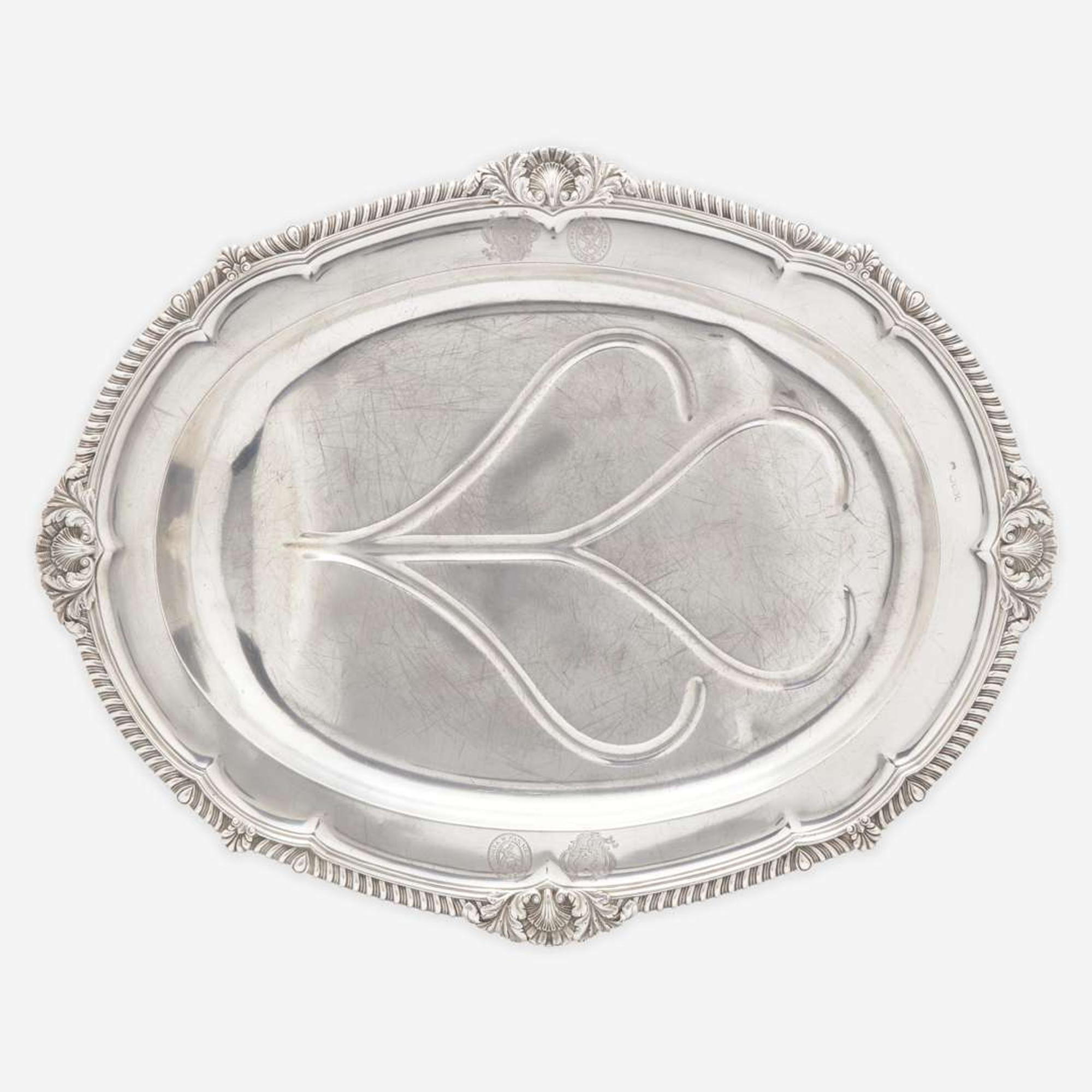 A large George III sterling silver meat tray Partially rubbed maker's mark, likely Joseph Craddock & William Ker Reid, London, 1818
