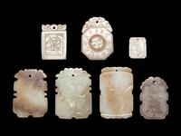 Seven Chinese Celadon Jade Carved Plaques