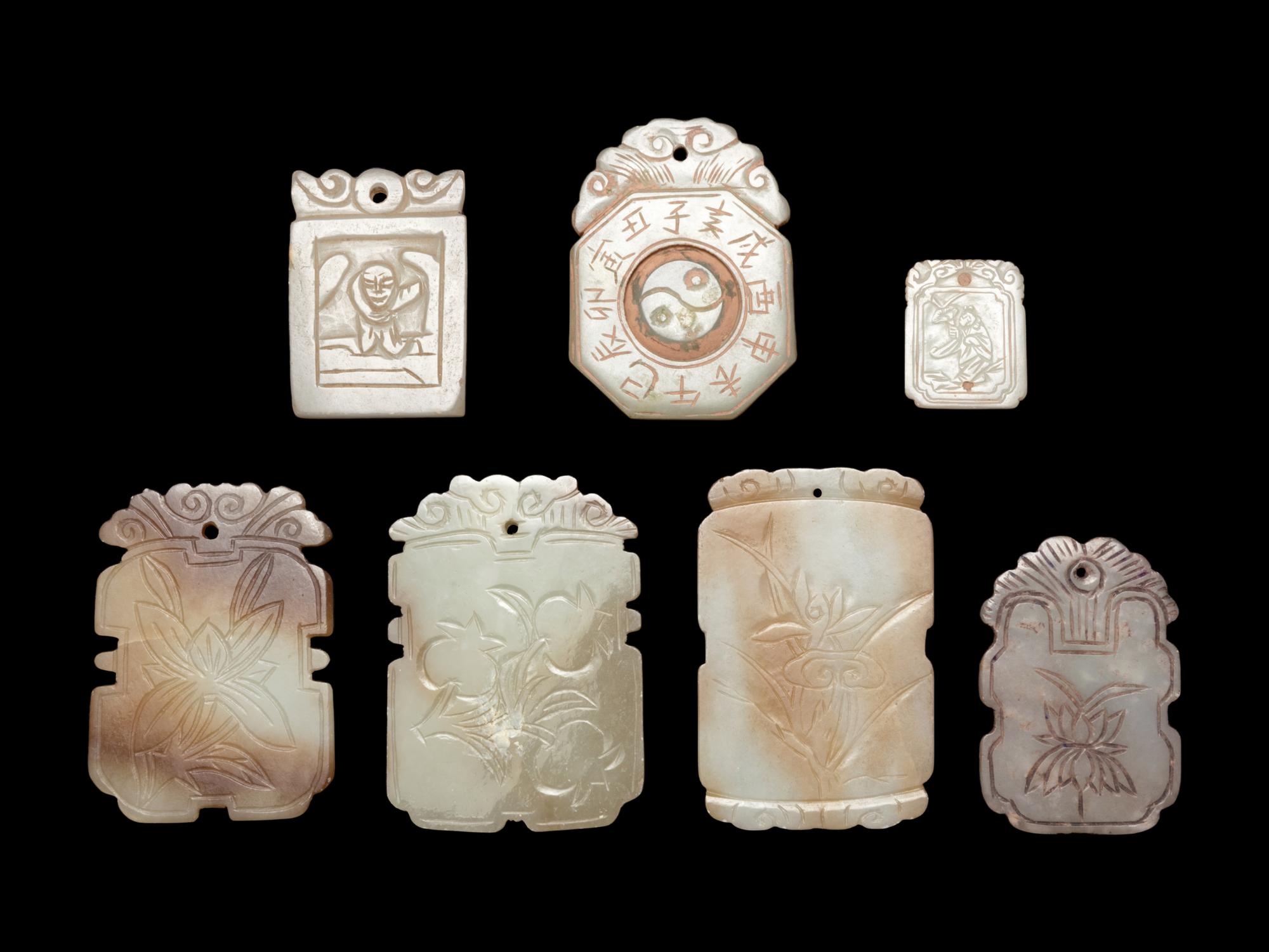 Seven Chinese Celadon Jade Carved Plaques