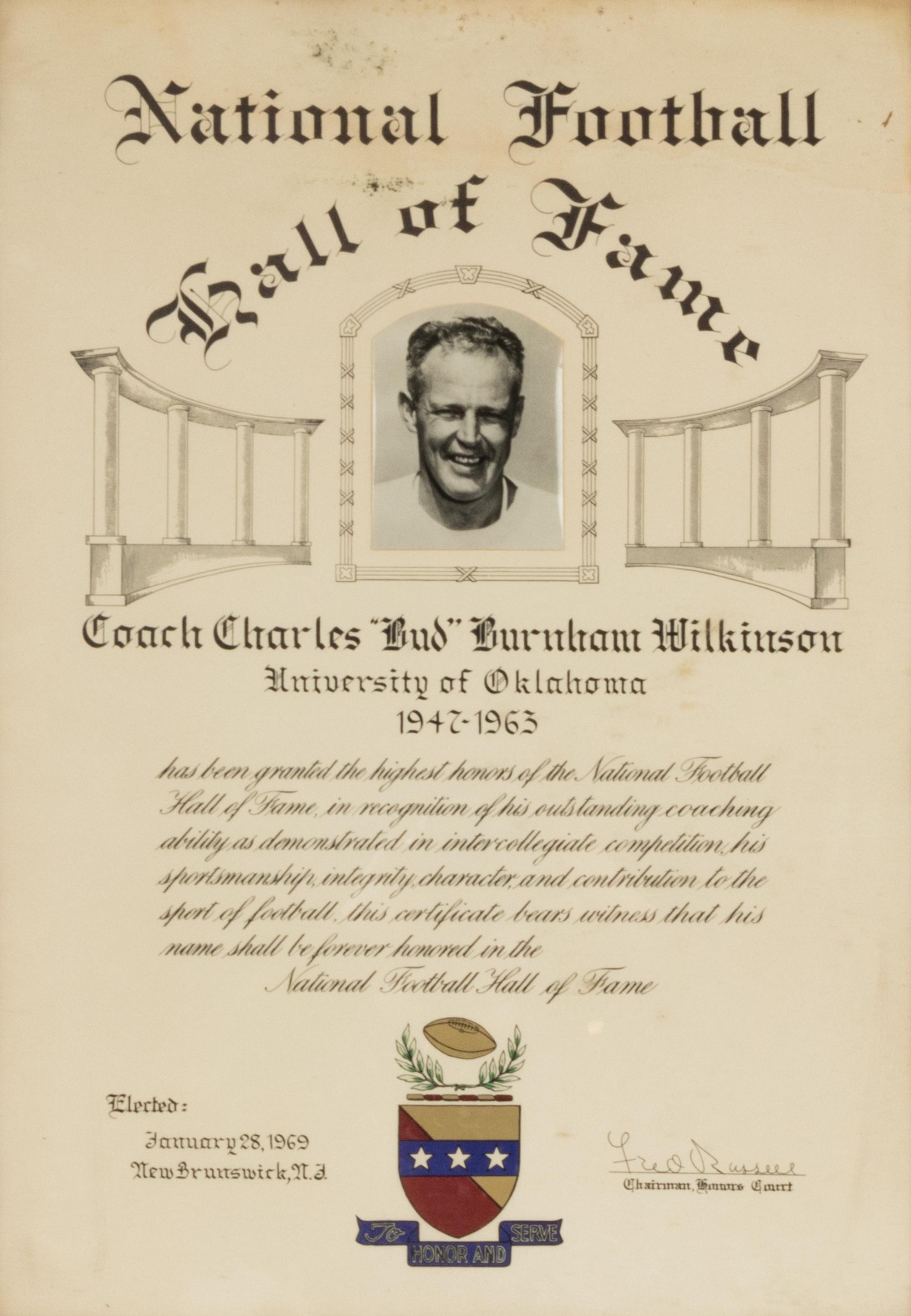 A Historically Significant 1969 College Football Hall of Fame Award Presented to Oklahoma Coach Bud Wilkinson