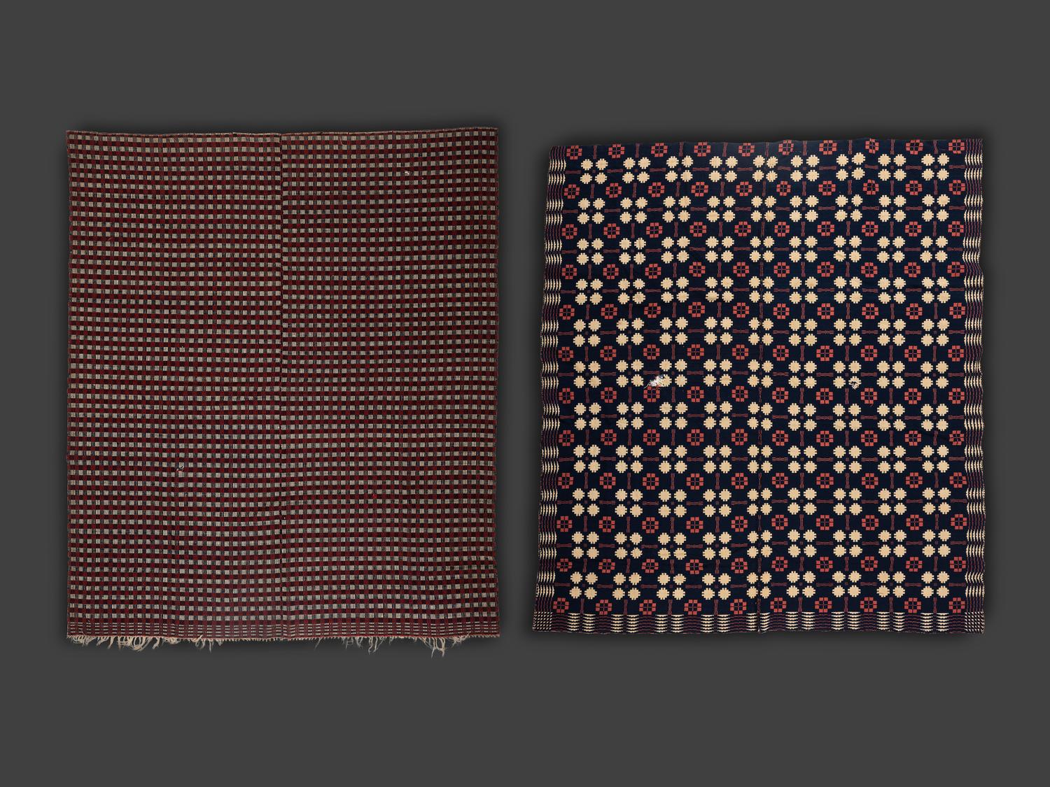 Four Red, White and Blue Woven Jacquard Coverlets