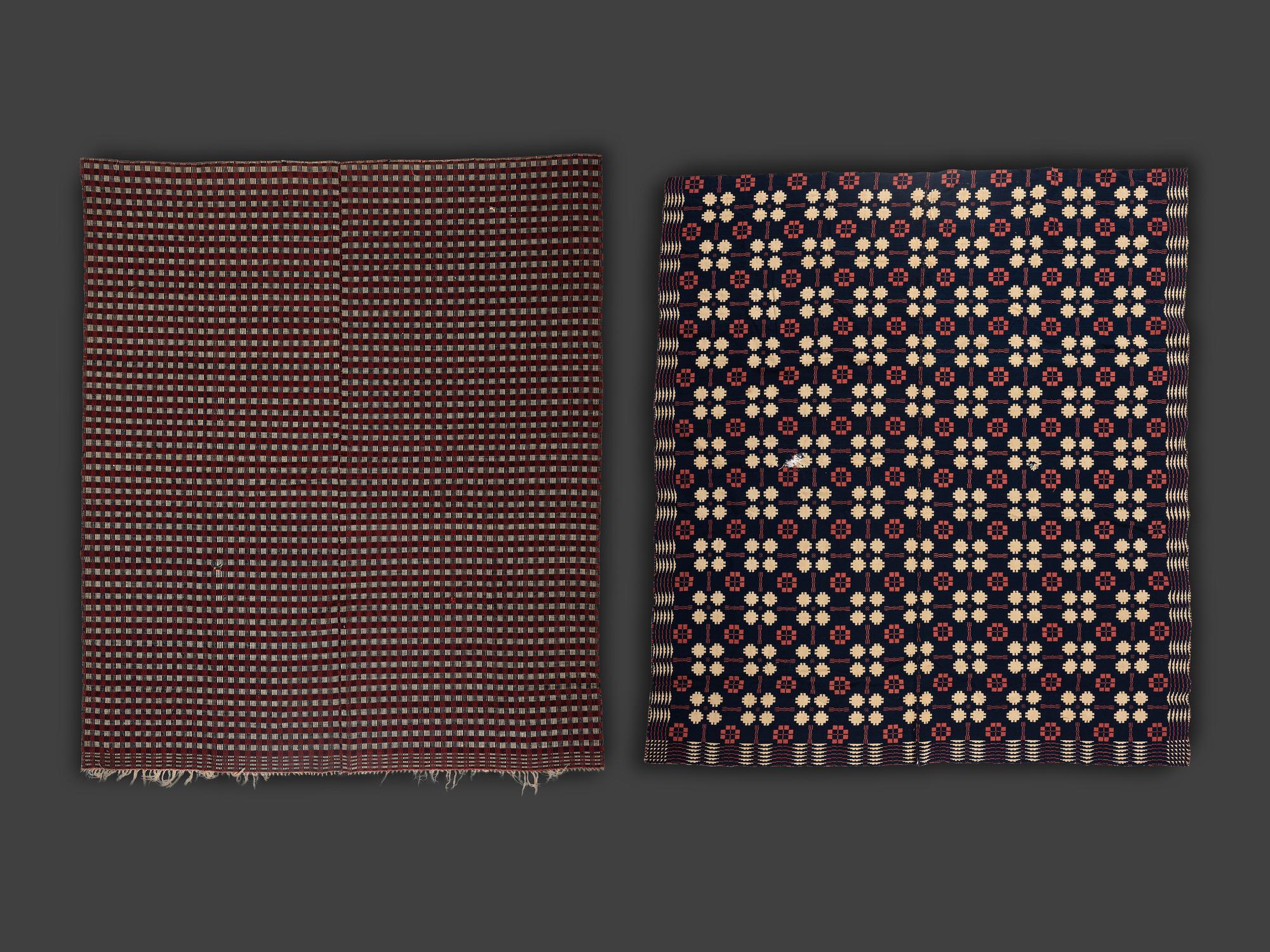 Four Red, White and Blue Woven Jacquard Coverlets