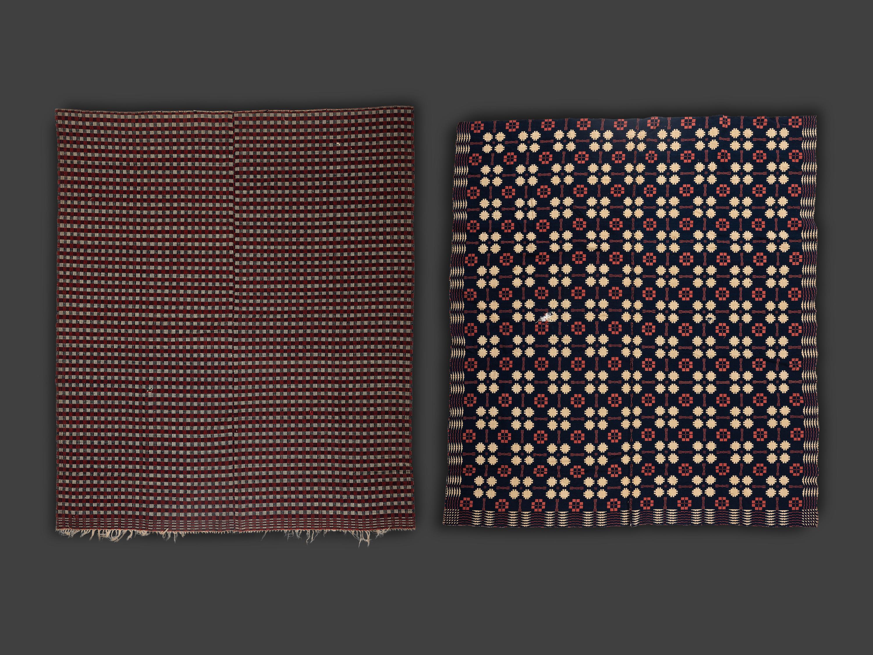 Four Red, White and Blue Woven Jacquard Coverlets