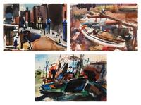 Three works: Harbor Scene; Street Scene and Docked Boat