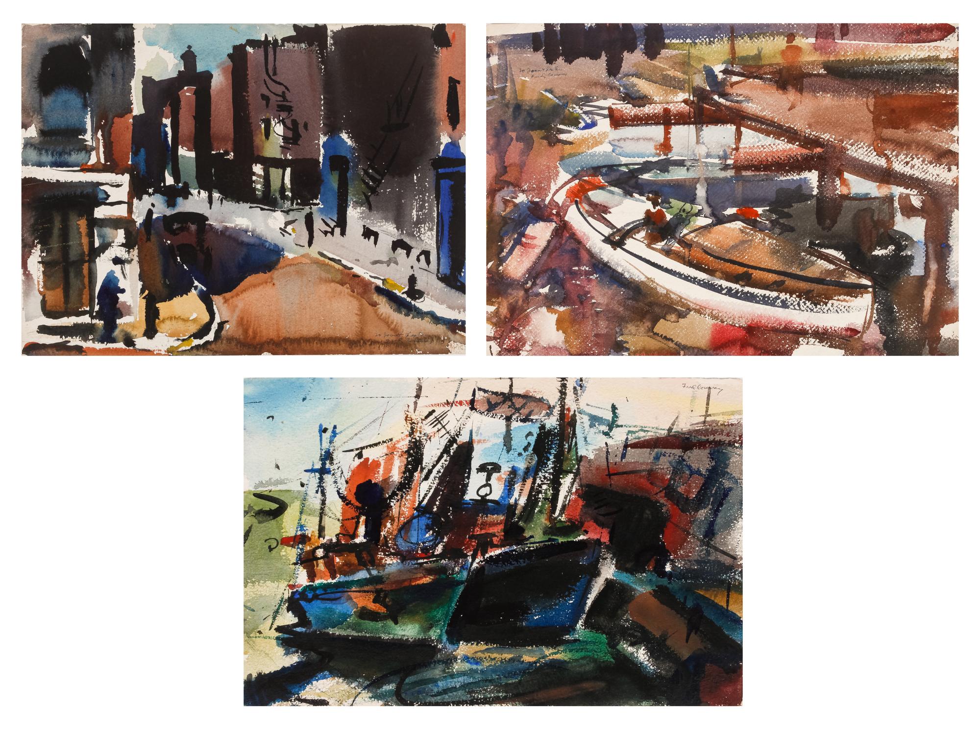Three works: Harbor Scene; Street Scene and Docked Boat