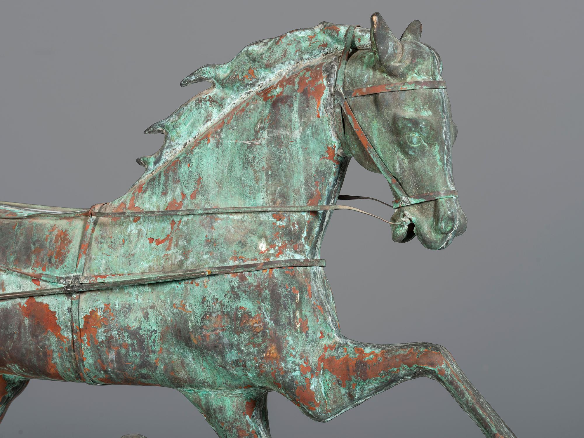 A Molded Copper and Cast Zinc Trotting Horse and Sulky Weathervane