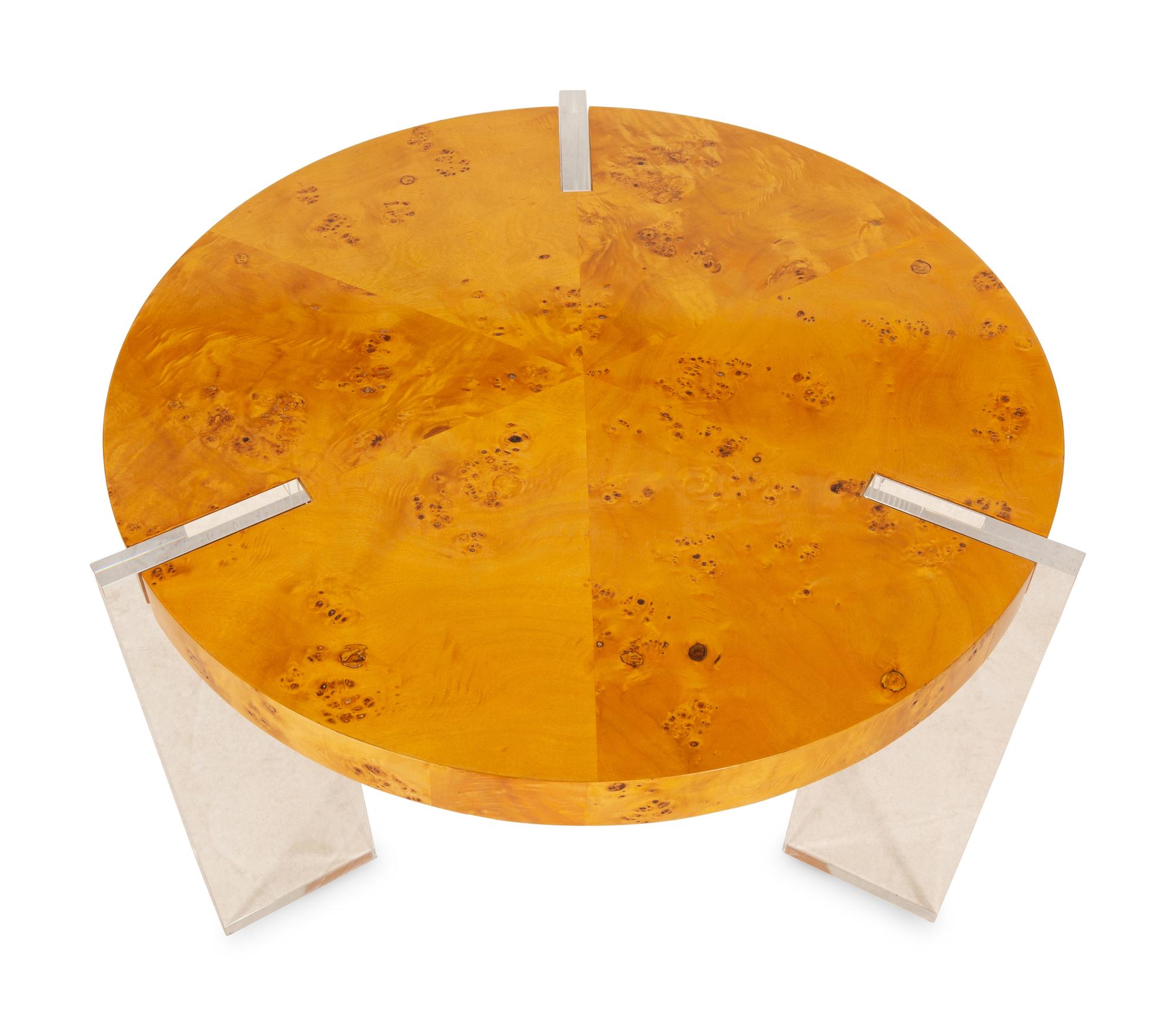 Two Burlwood and Lucite Coffee Tables by Jonathan Adler