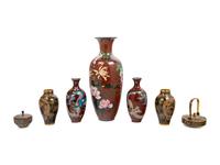Seven Japanese Brown Ground Cloisonné Enameled Articles