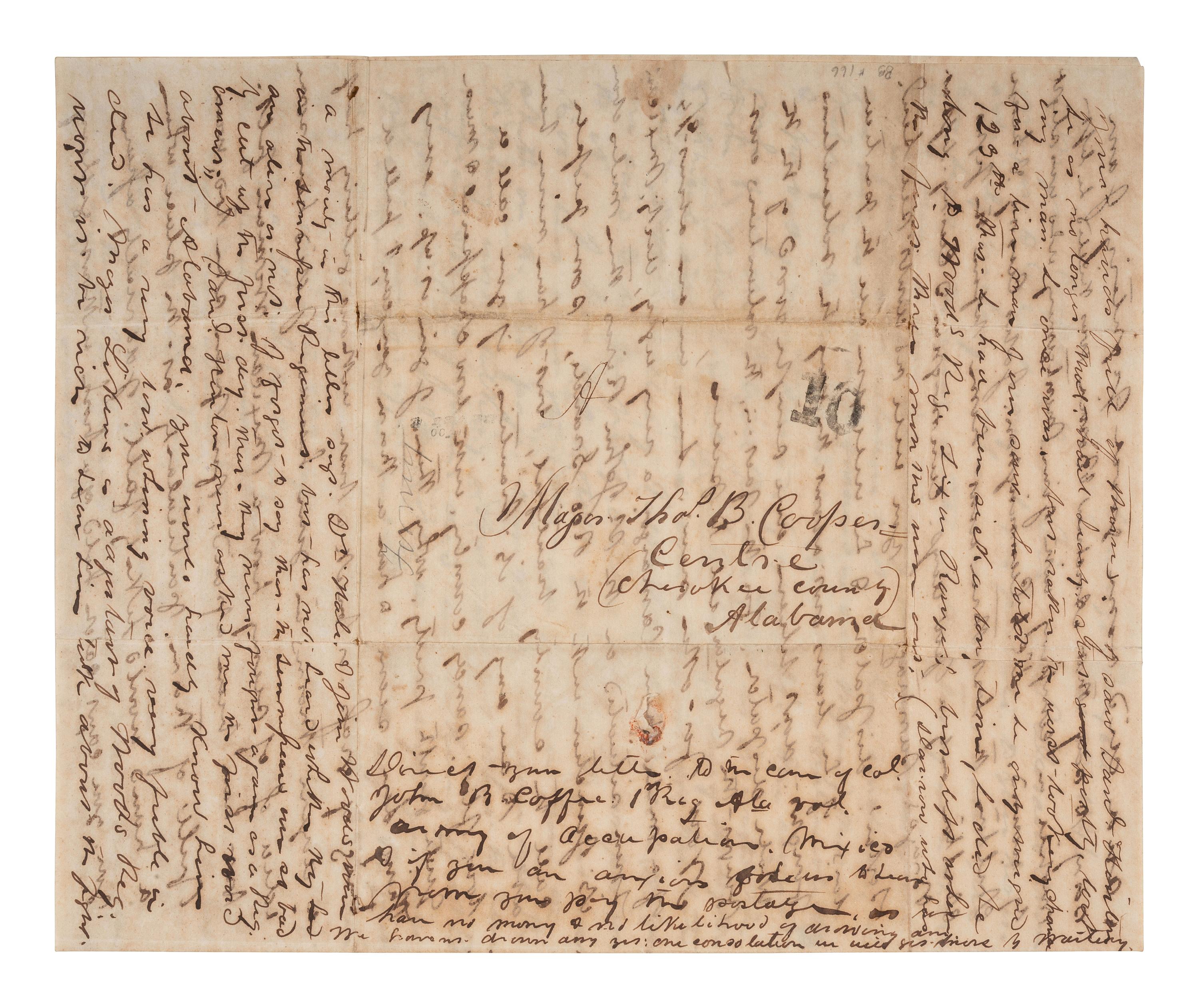 [MEXICAN-AMERICAN WAR]. Letter from a soldier in the 1st Regiment Alabama Volunteer Army of Occupation Mexico describing the Battle of Monterrey, incl. hand-drawn map. Camargo, Mexico. 8 October 1846.