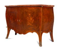 A Pair of Louis XV Style Marquetry and Burlwood Veneered Marble-Top Bombe Commodes