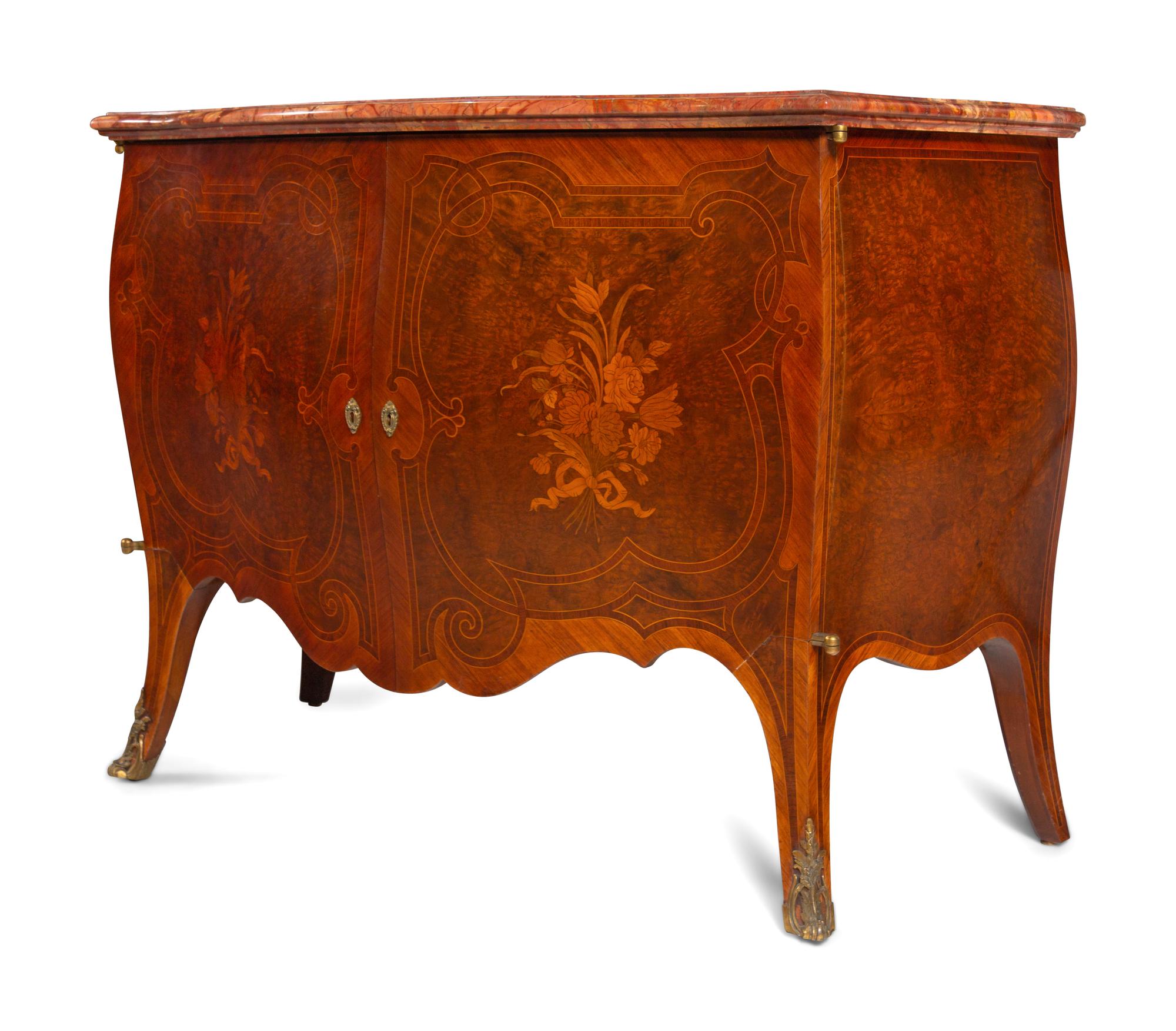A Pair of Louis XV Style Marquetry and Burlwood Veneered Marble-Top Bombe Commodes