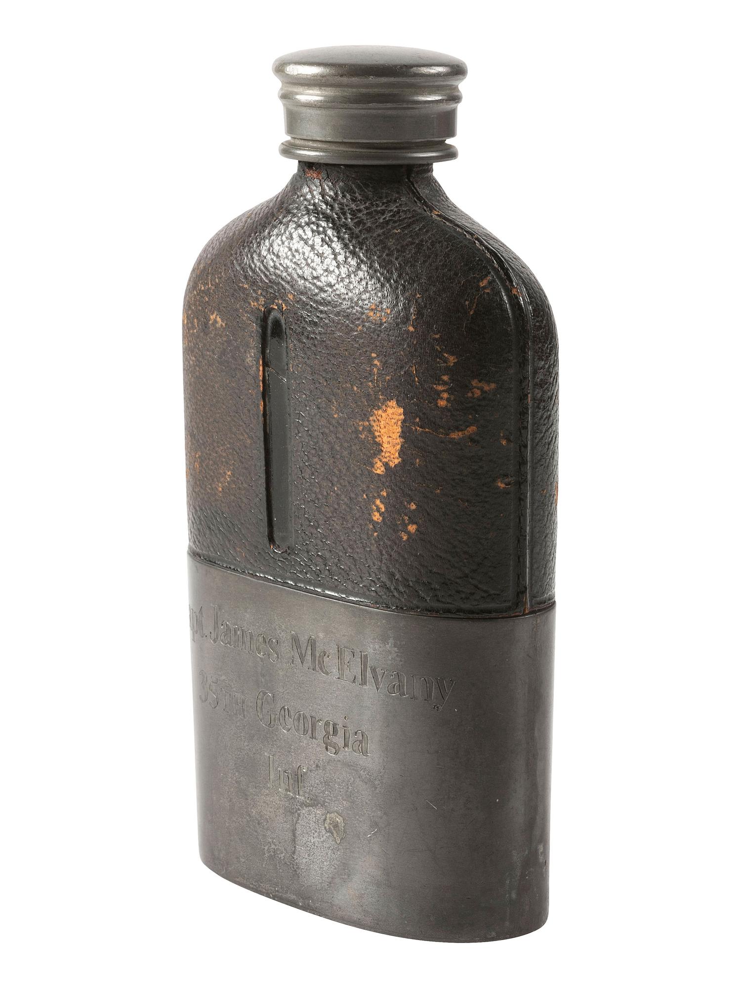 [CIVIL WAR]. Period-flask with UCV inscription to Captain James McElvany, Company F, 35th Georgia Infantry, WIA Cedar Run.