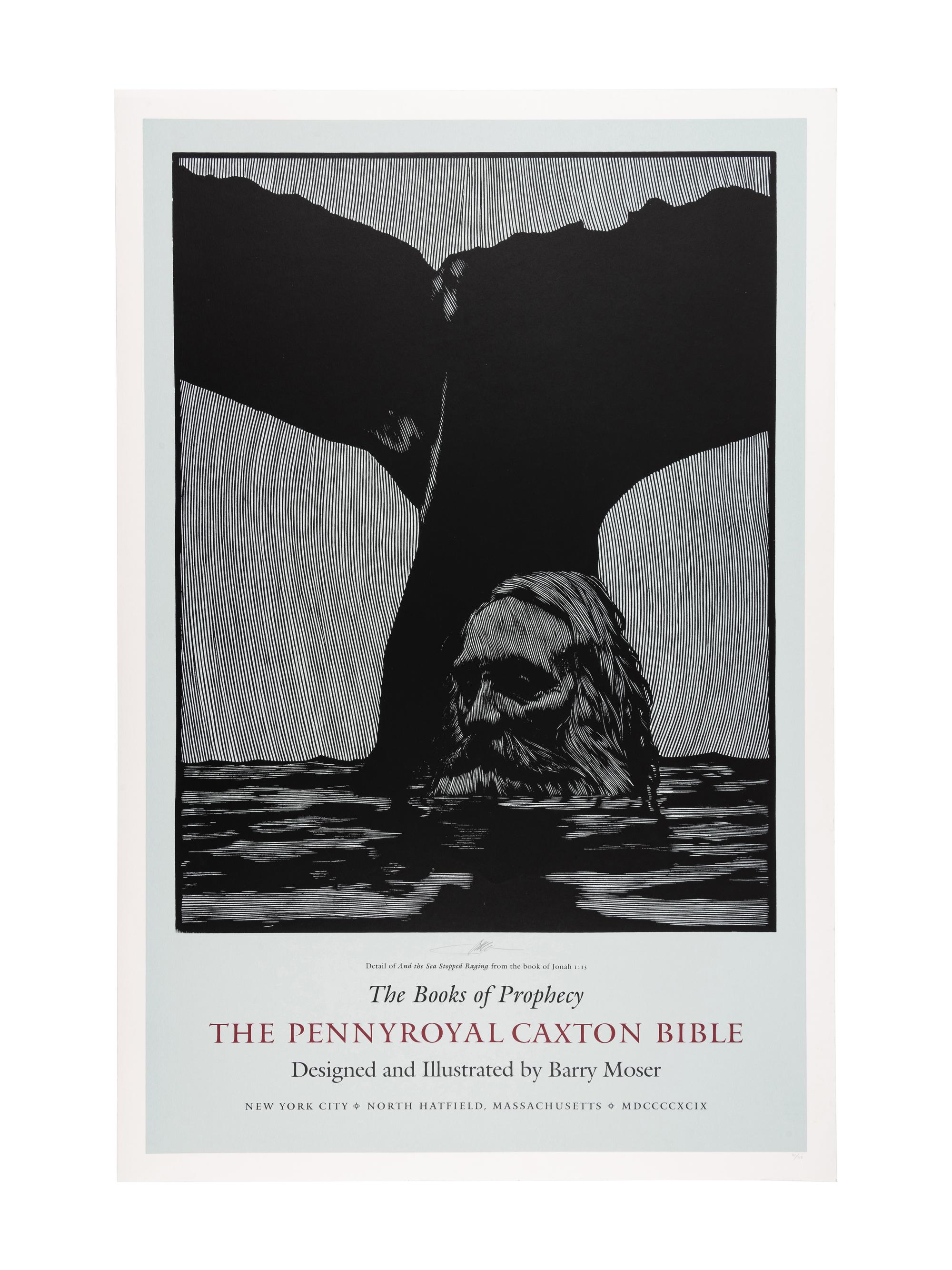[POSTERS]. 3 silkscreen promotional posters for the Pennyroyal Caxton Bible. North Hatfield, MA and New York City: Pennyroyal Caxton Press, 1999. Each 38 1/4 x 24 1/4 in. LIMITED EDITIONS, each one of 50 copies, each signed by Moser. Comprises posters for The Books of the Prophecy , The Five Books of Moses and The Books of the New Testament .